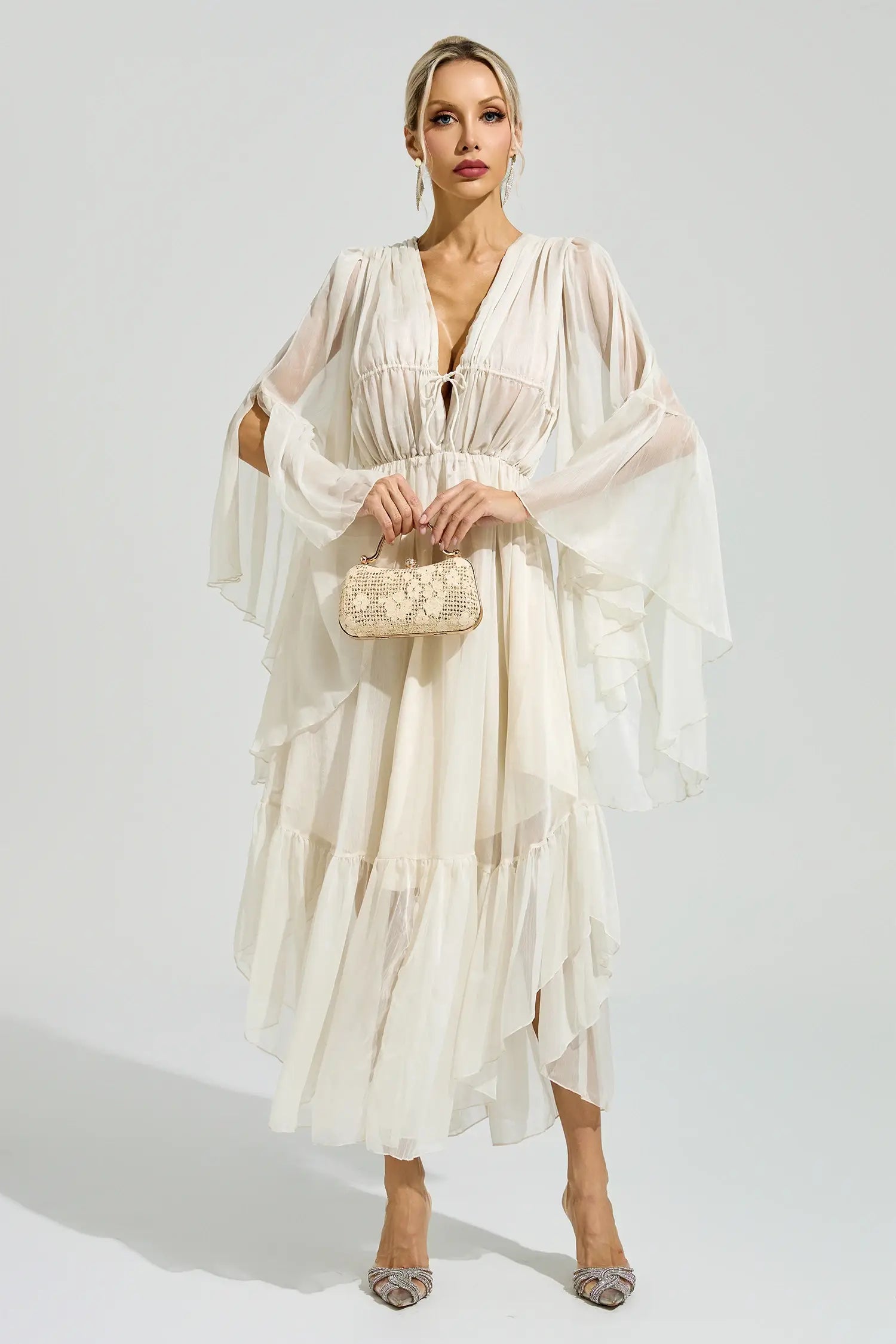Natalia Beige Ruffle Maxi Dress