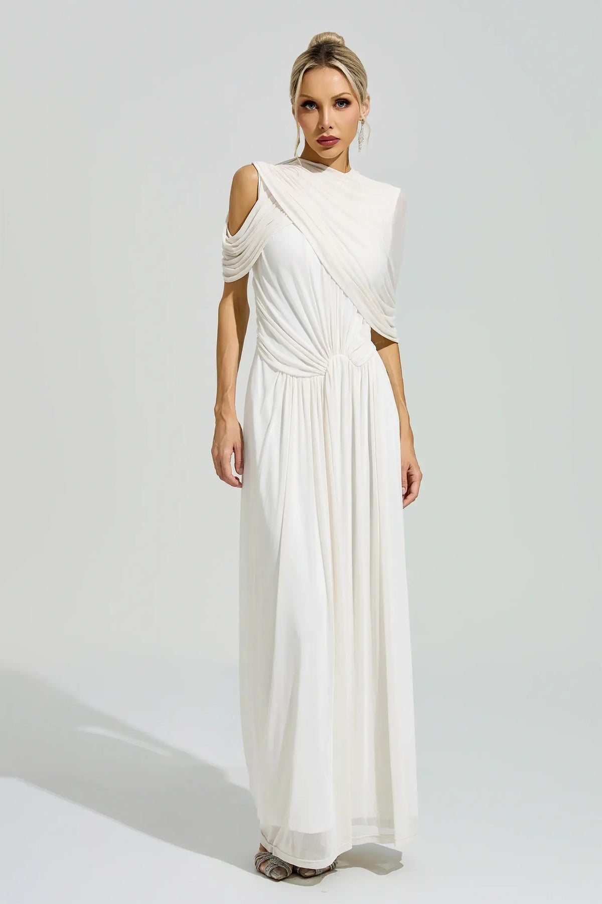 Presley White Tulle Ruched Maxi Dress