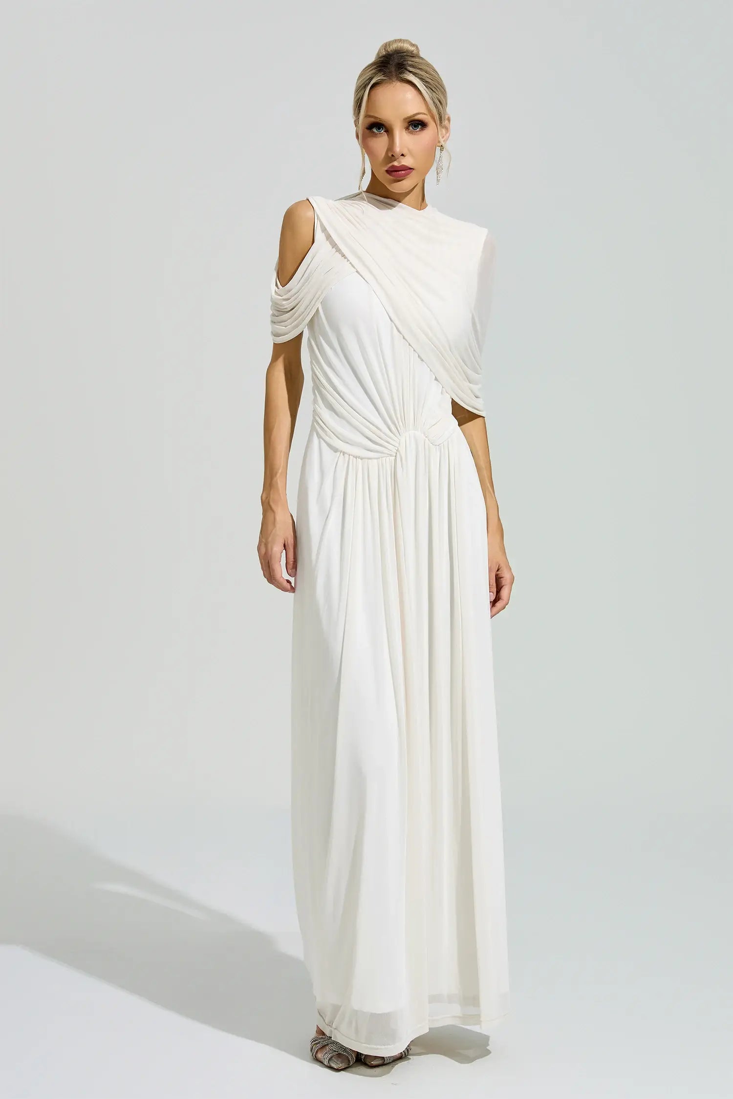 Presley White Tulle Ruched Maxi Dress