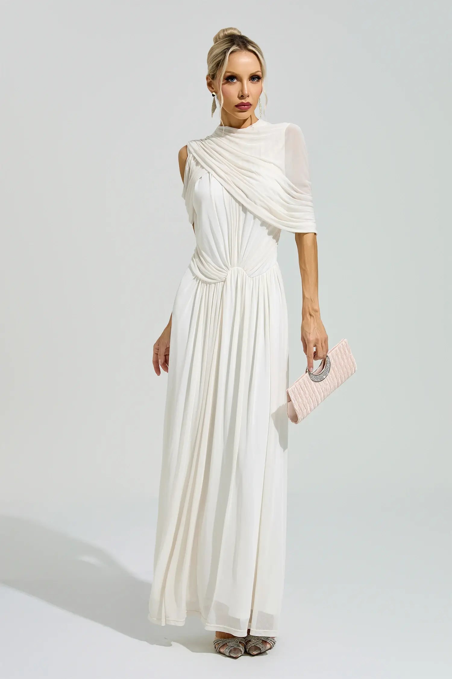 Presley White Tulle Ruched Maxi Dress