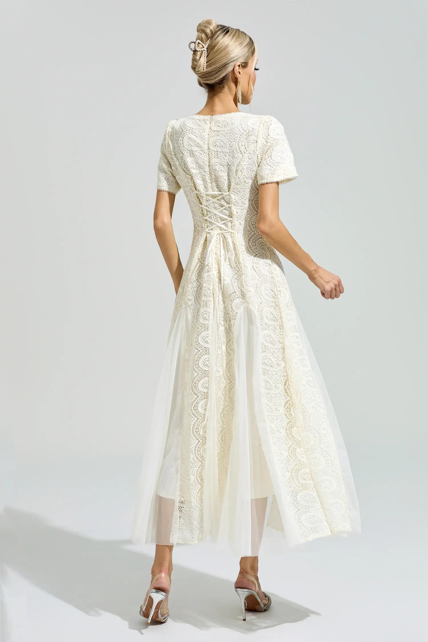 Evadne White French Lace Mesh Maxi Dress