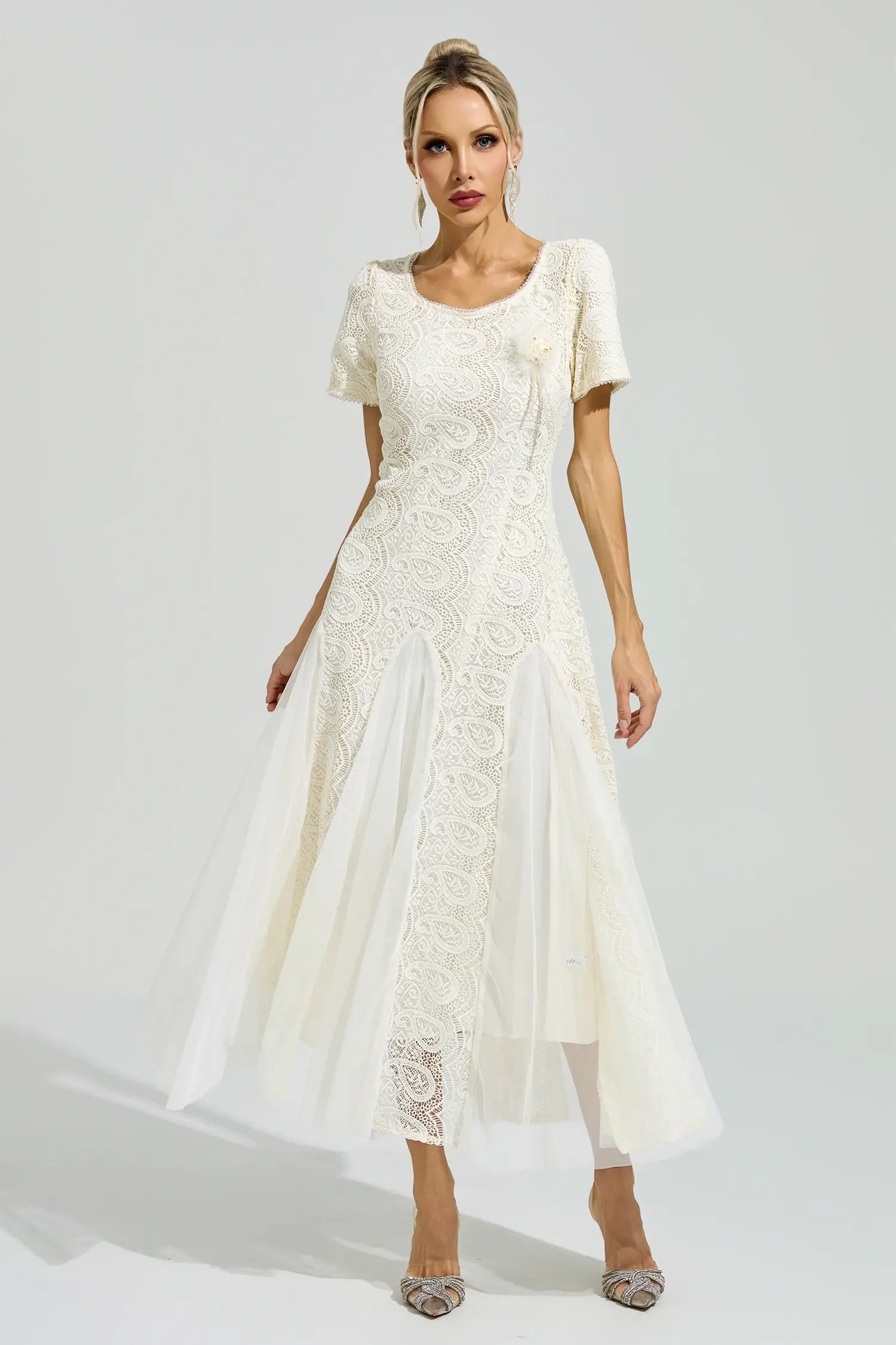 Evadne White French Lace Mesh Maxi Dress