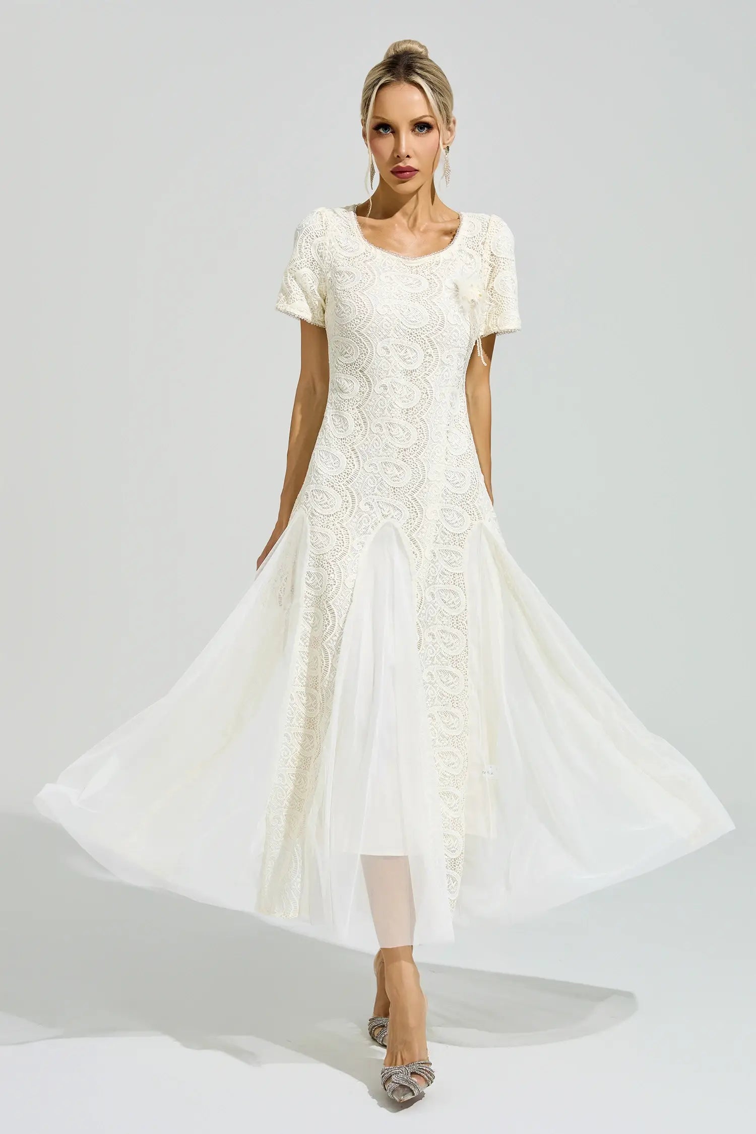 Evadne White French Lace Mesh Maxi Dress