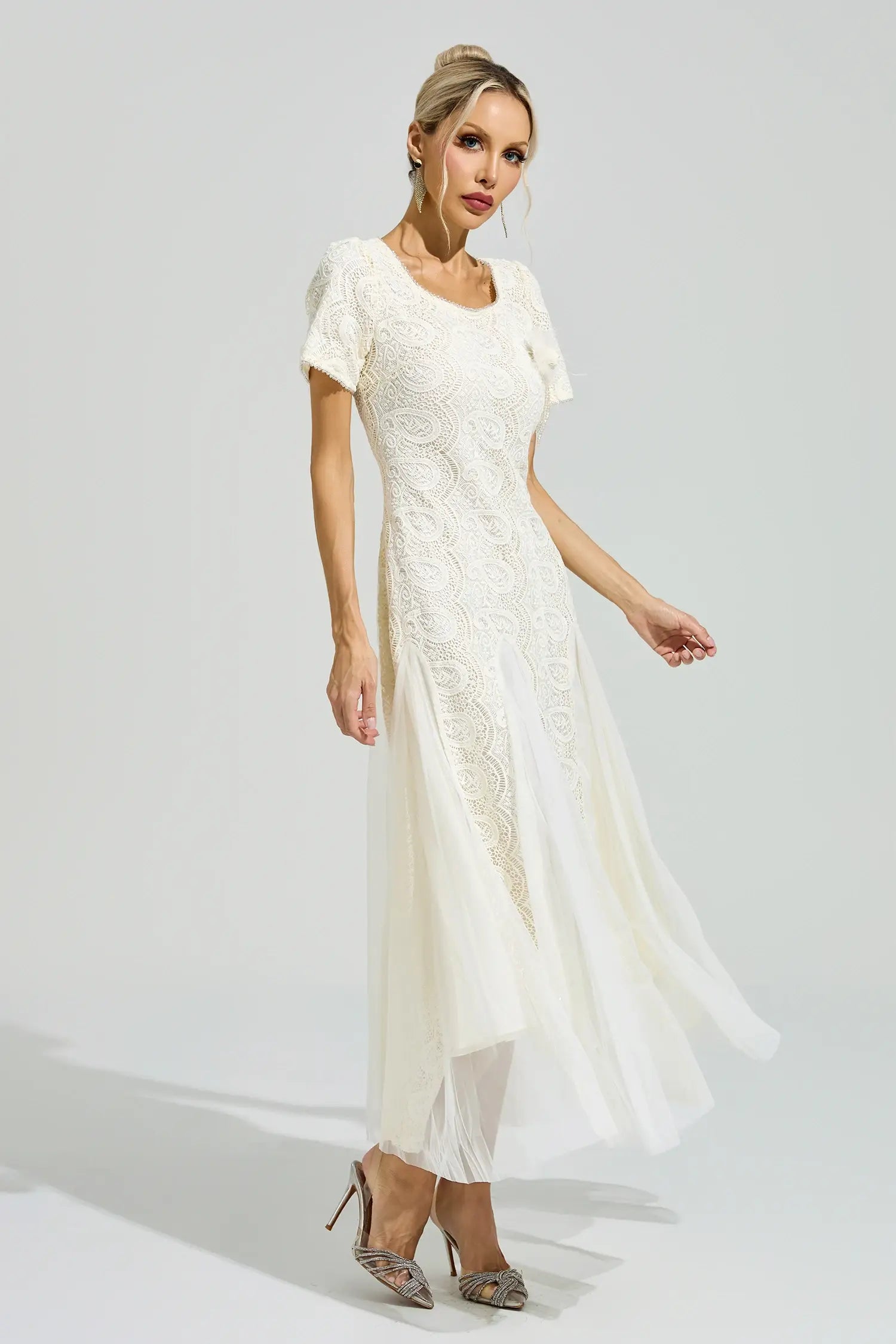 Evadne White French Lace Mesh Maxi Dress