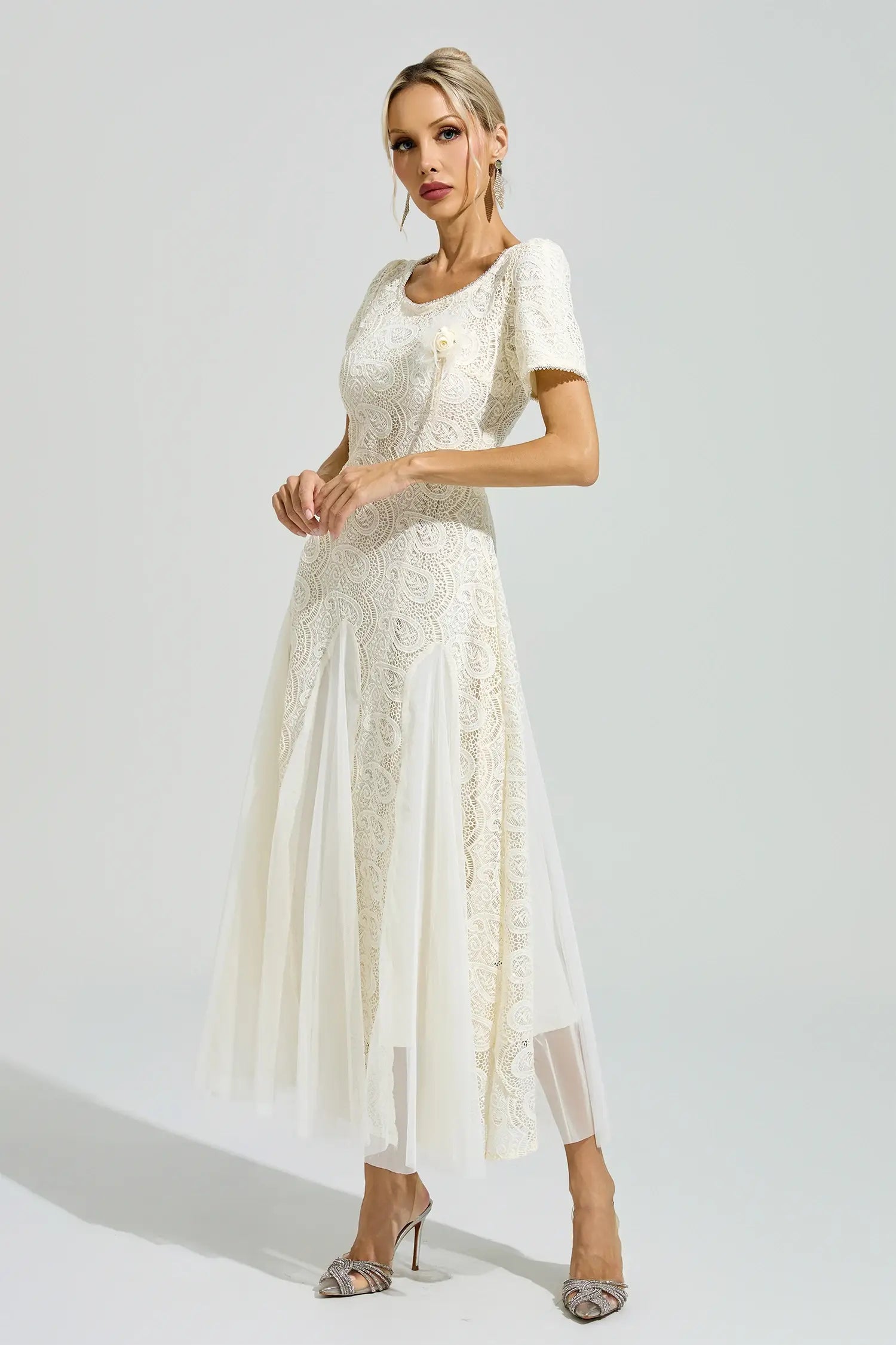 Evadne White French Lace Mesh Maxi Dress