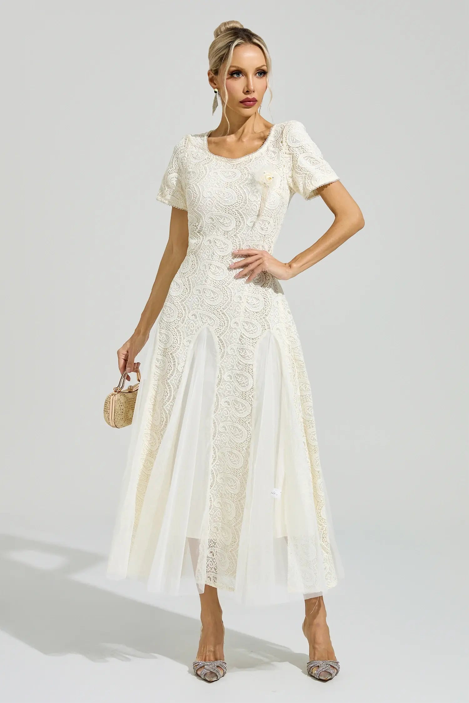 Evadne White French Lace Mesh Maxi Dress