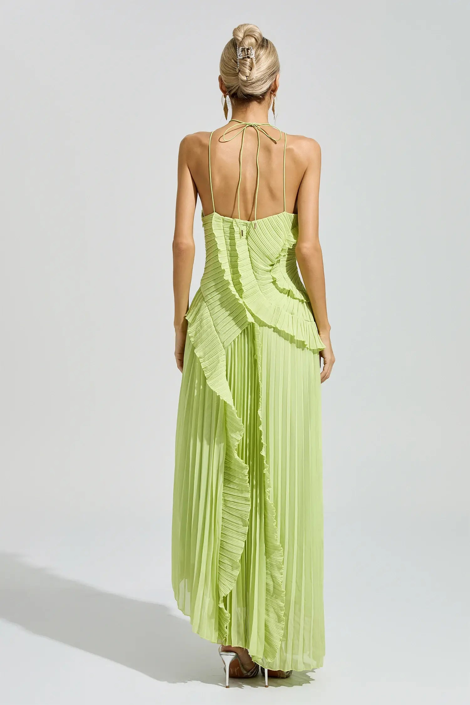 Elodie Green Asymmetric Pleated Halter Maxi Dress