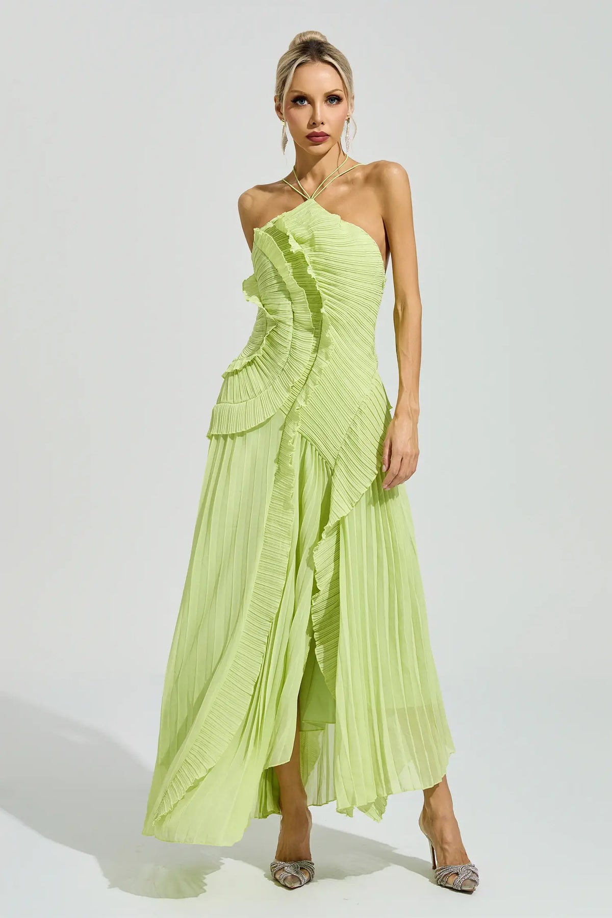 Elodie Green Asymmetric Pleated Halter Maxi Dress