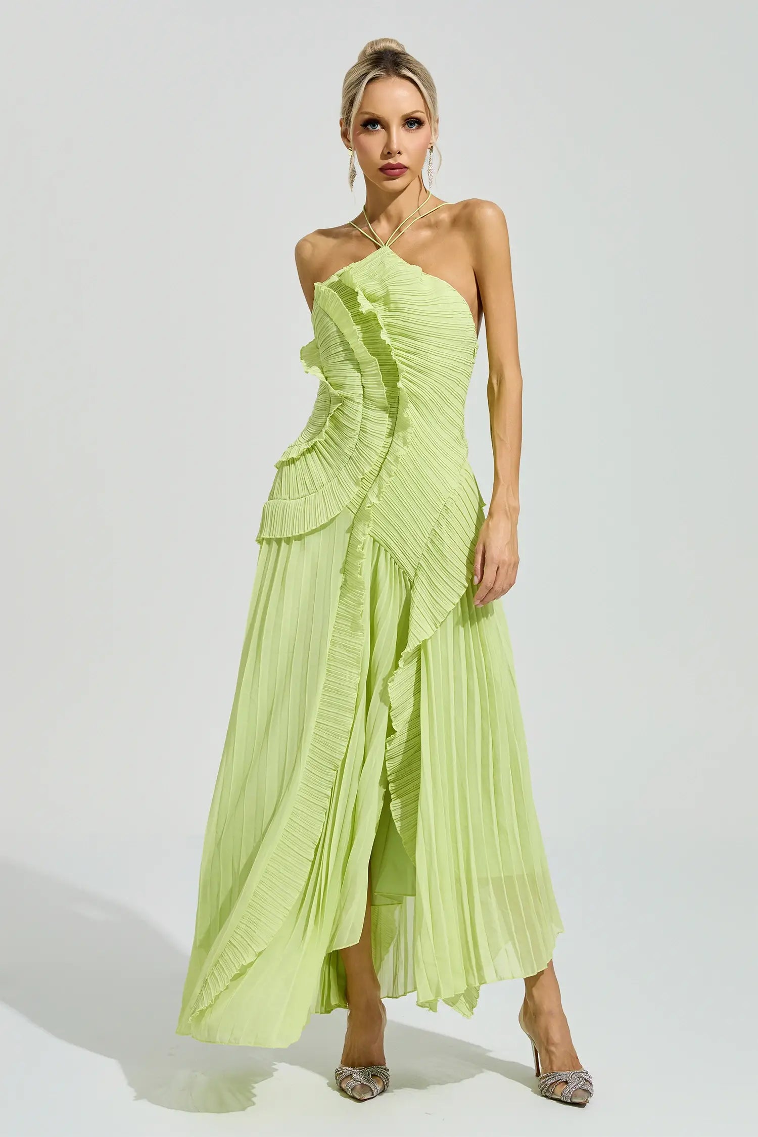 Elodie Green Asymmetric Pleated Halter Maxi Dress