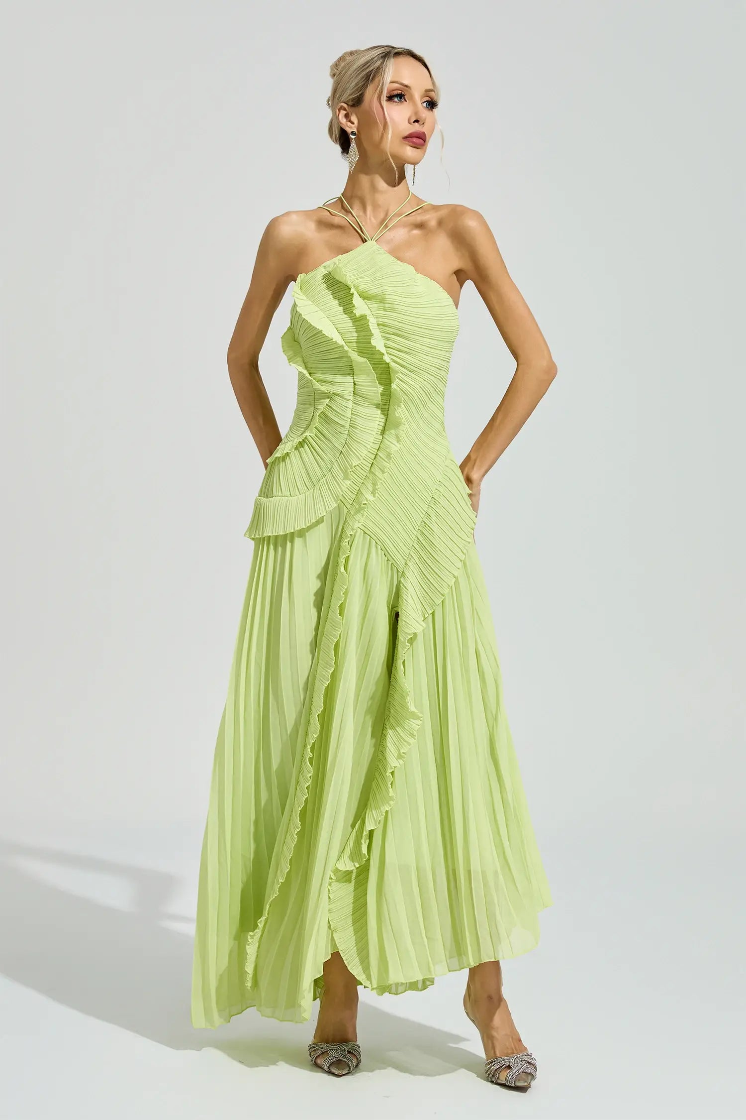 Elodie Green Asymmetric Pleated Halter Maxi Dress
