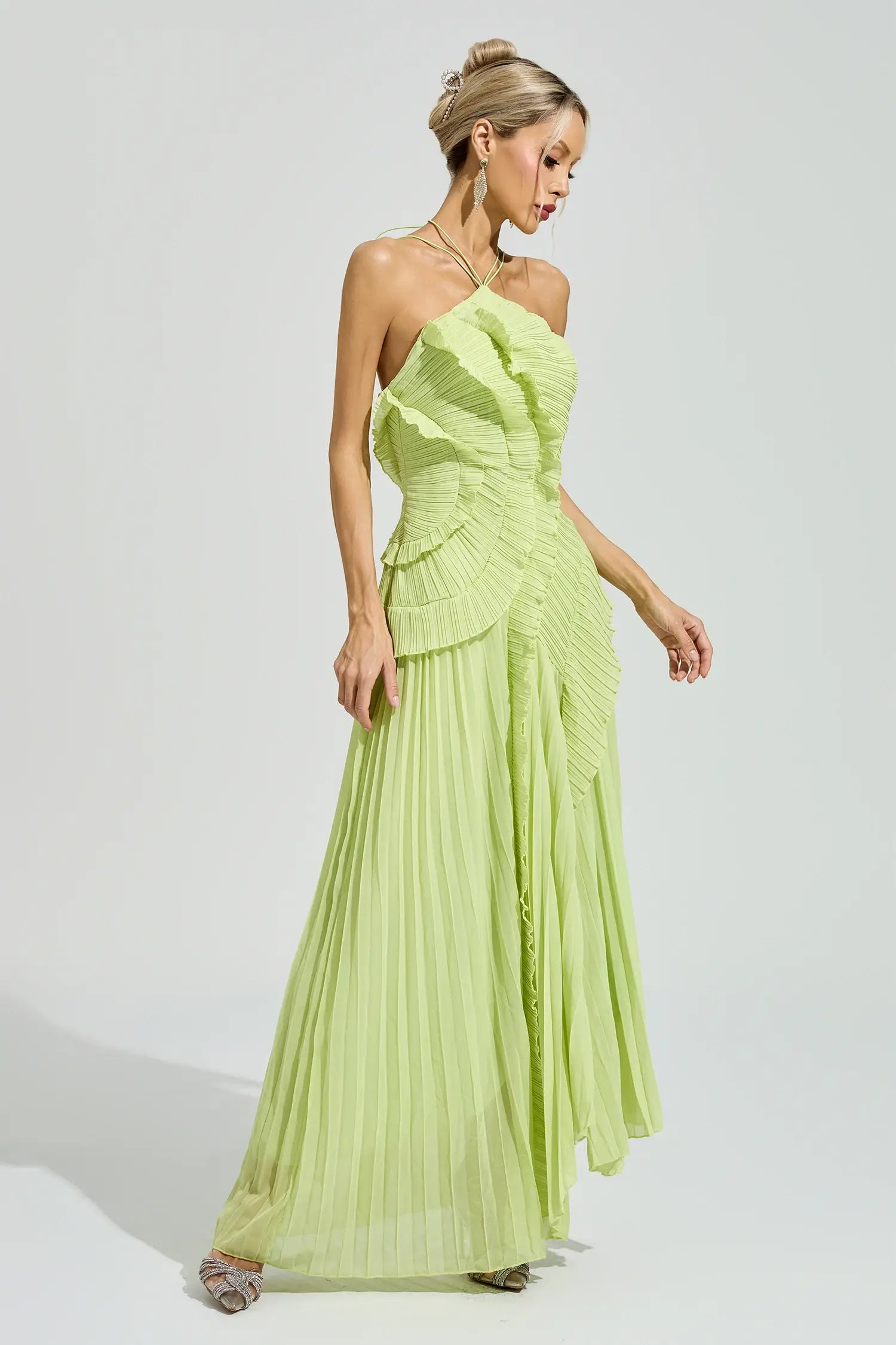 Elodie Green Asymmetric Pleated Halter Maxi Dress