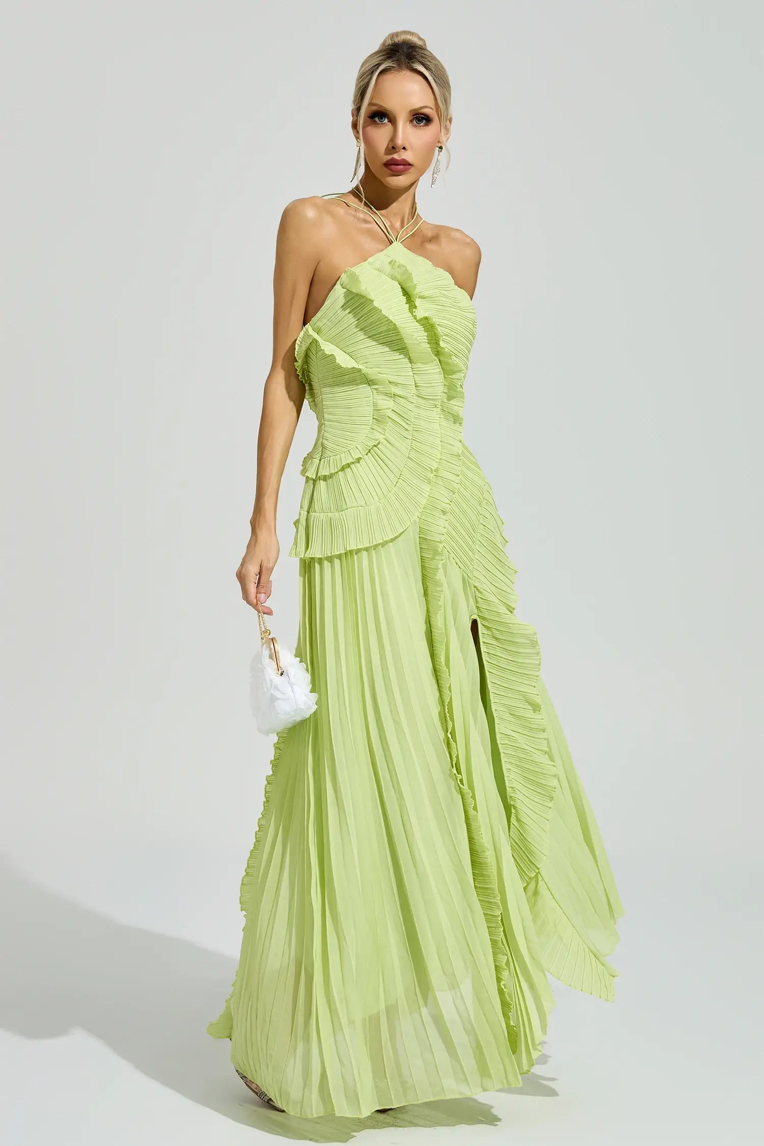 Elodie Green Asymmetric Pleated Halter Maxi Dress