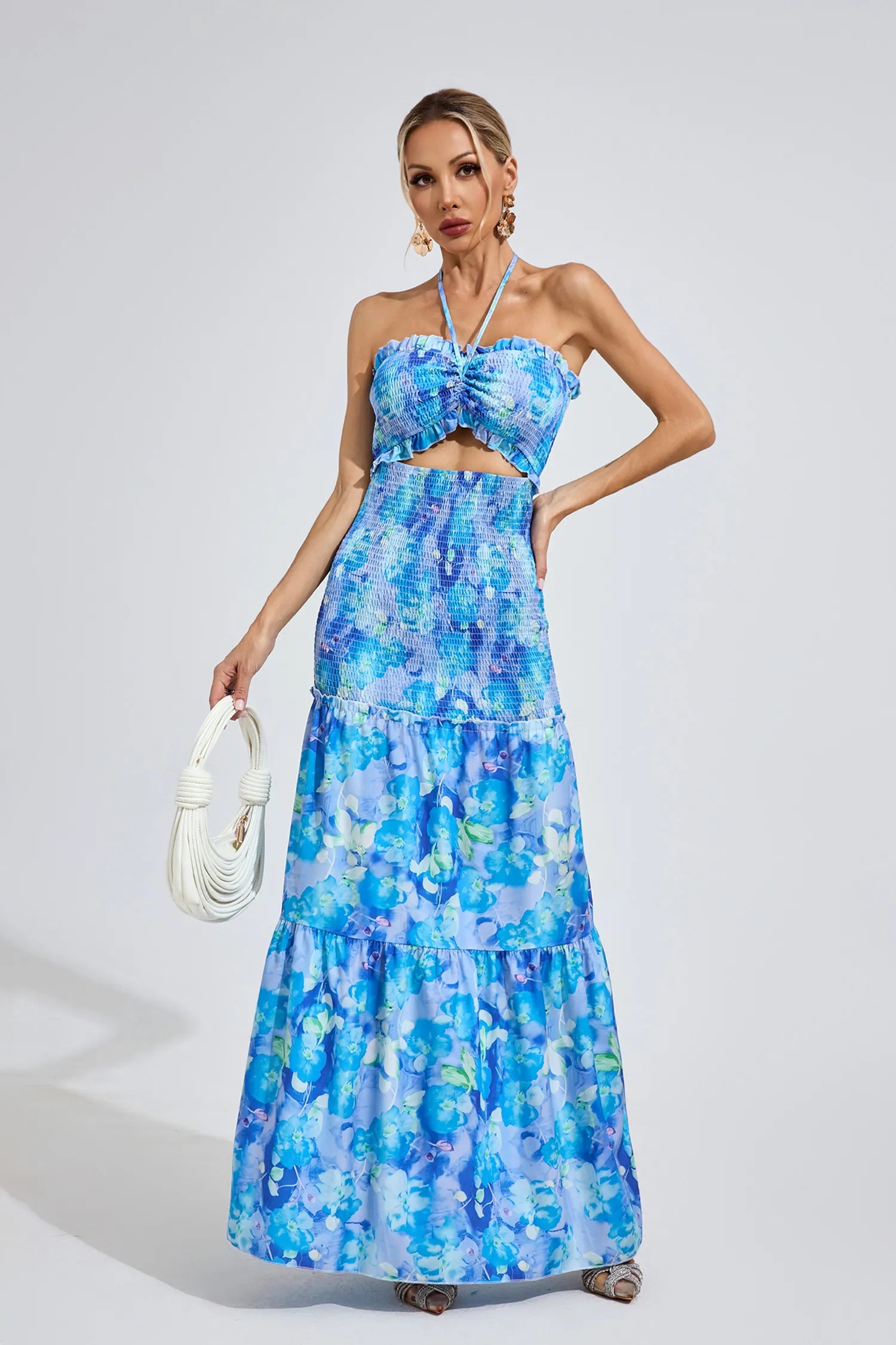 Ellison Blue Ruffle Halter Maxi Dress