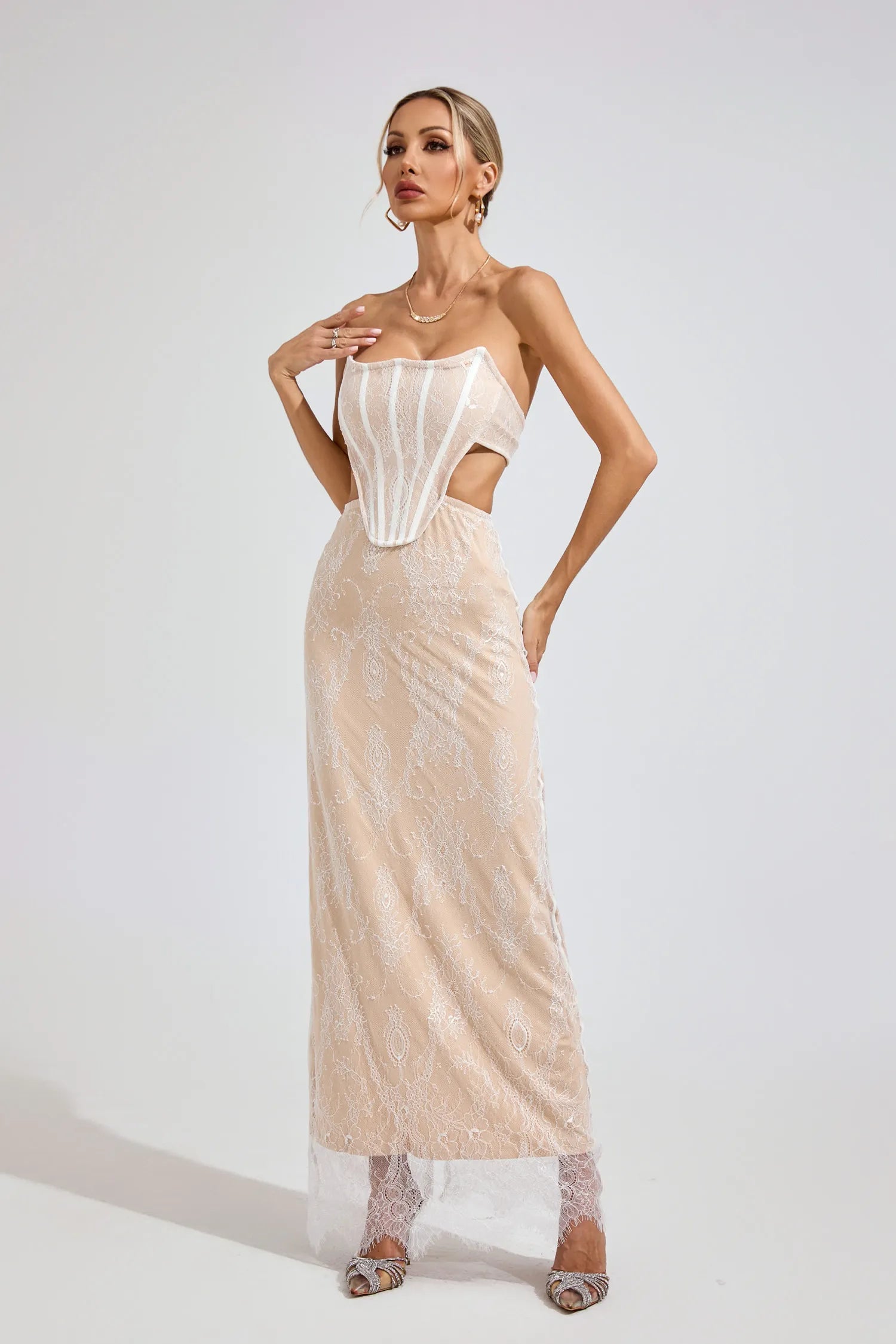 Ayodele Beige Lace Off-Shoulder Maxi Dress