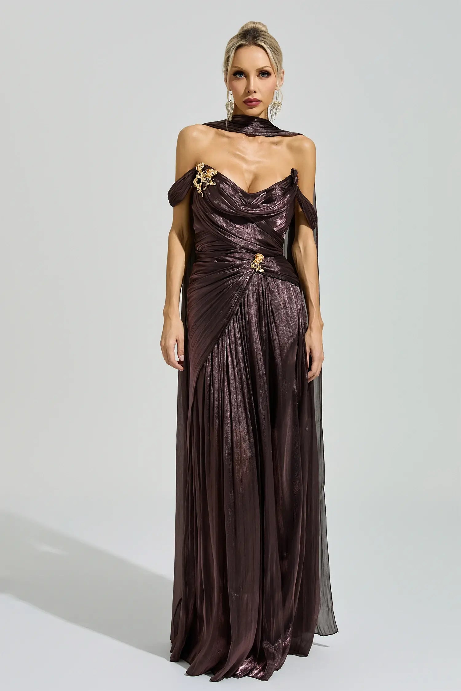 Antonia Brown Satin Neck Maxi Dress