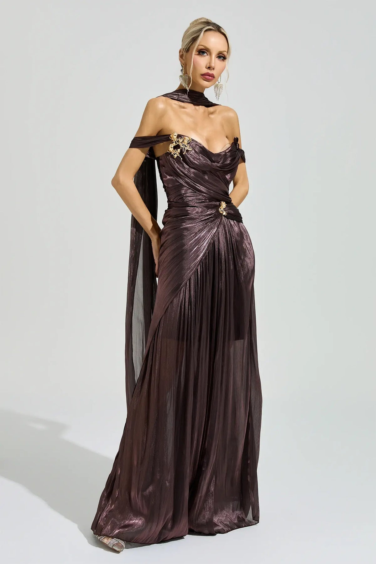 Antonia Brown Satin Neck Maxi Dress