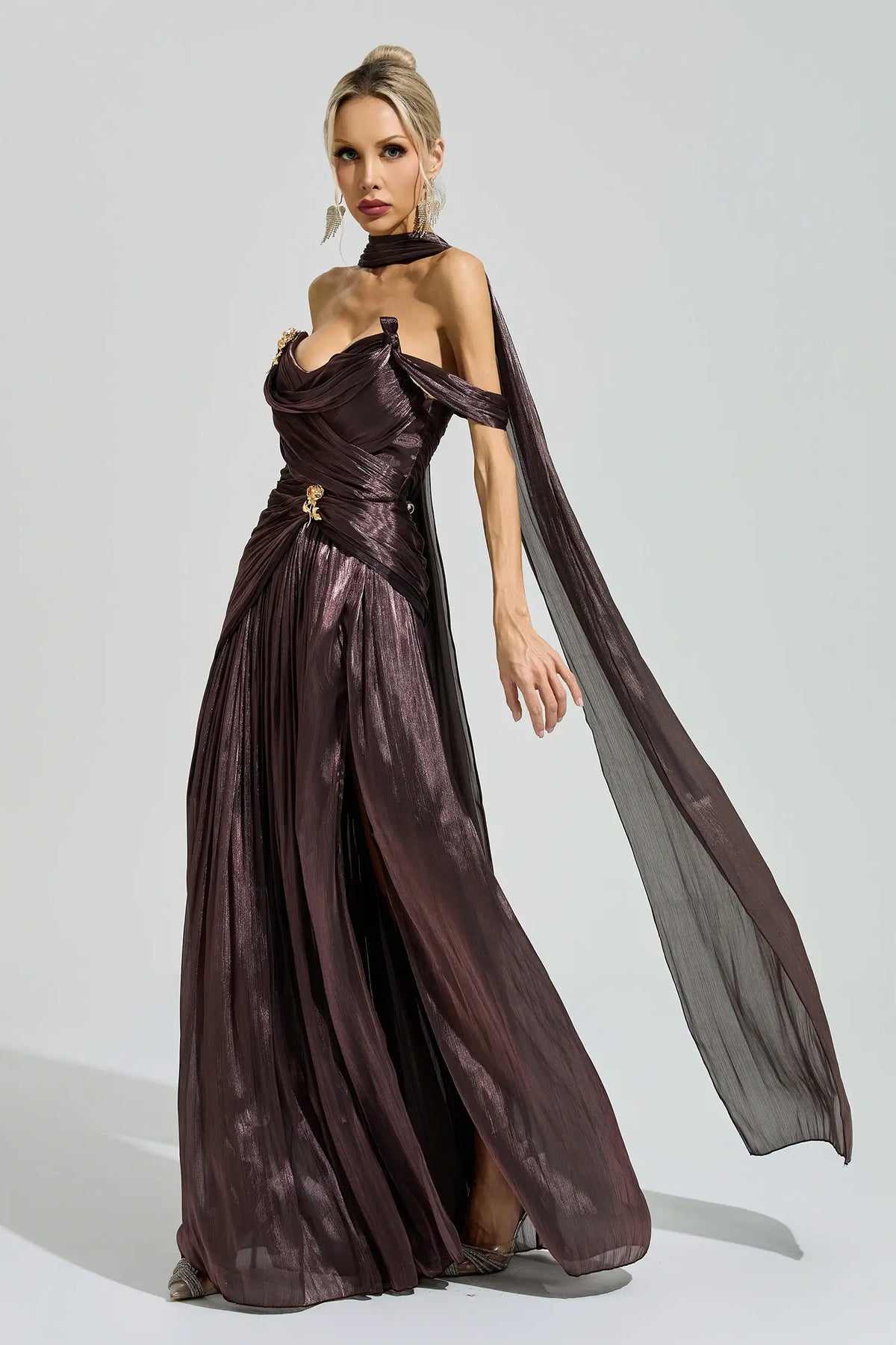 Antonia Brown Satin Neck Maxi Dress