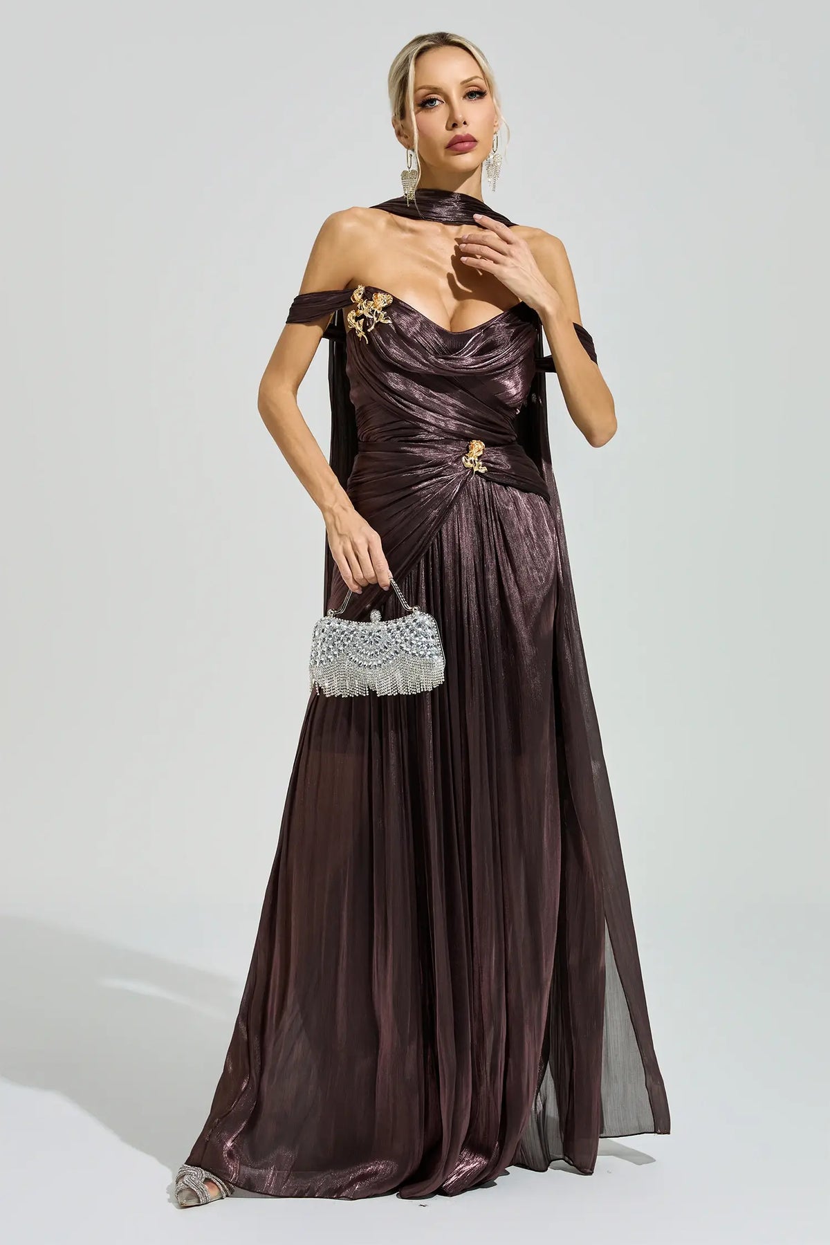 Antonia Brown Satin Neck Maxi Dress