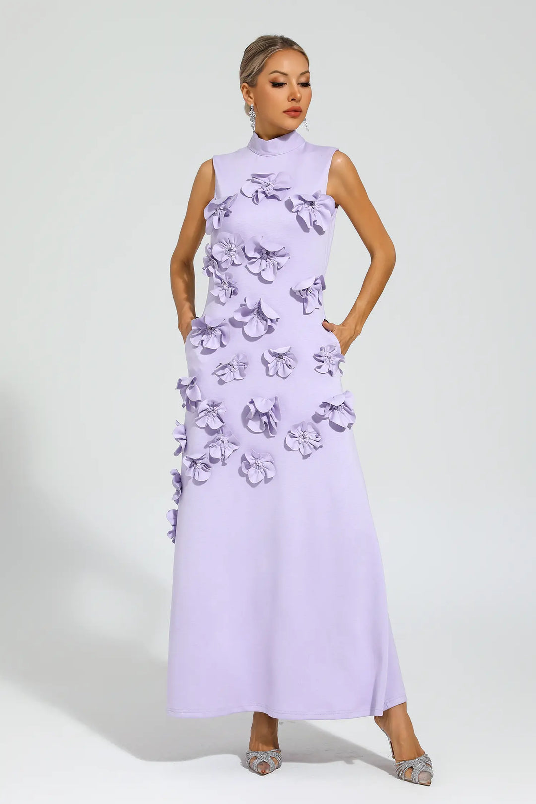 Onions Purple Rose Flower Maxi Dress