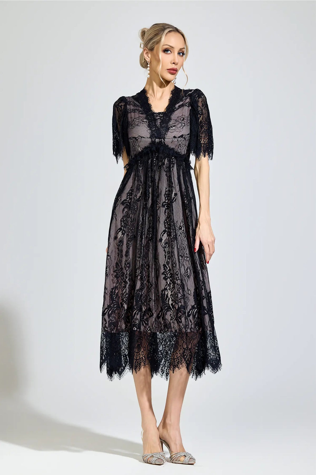 Genevra Black Lace V-Neck Midi Dress