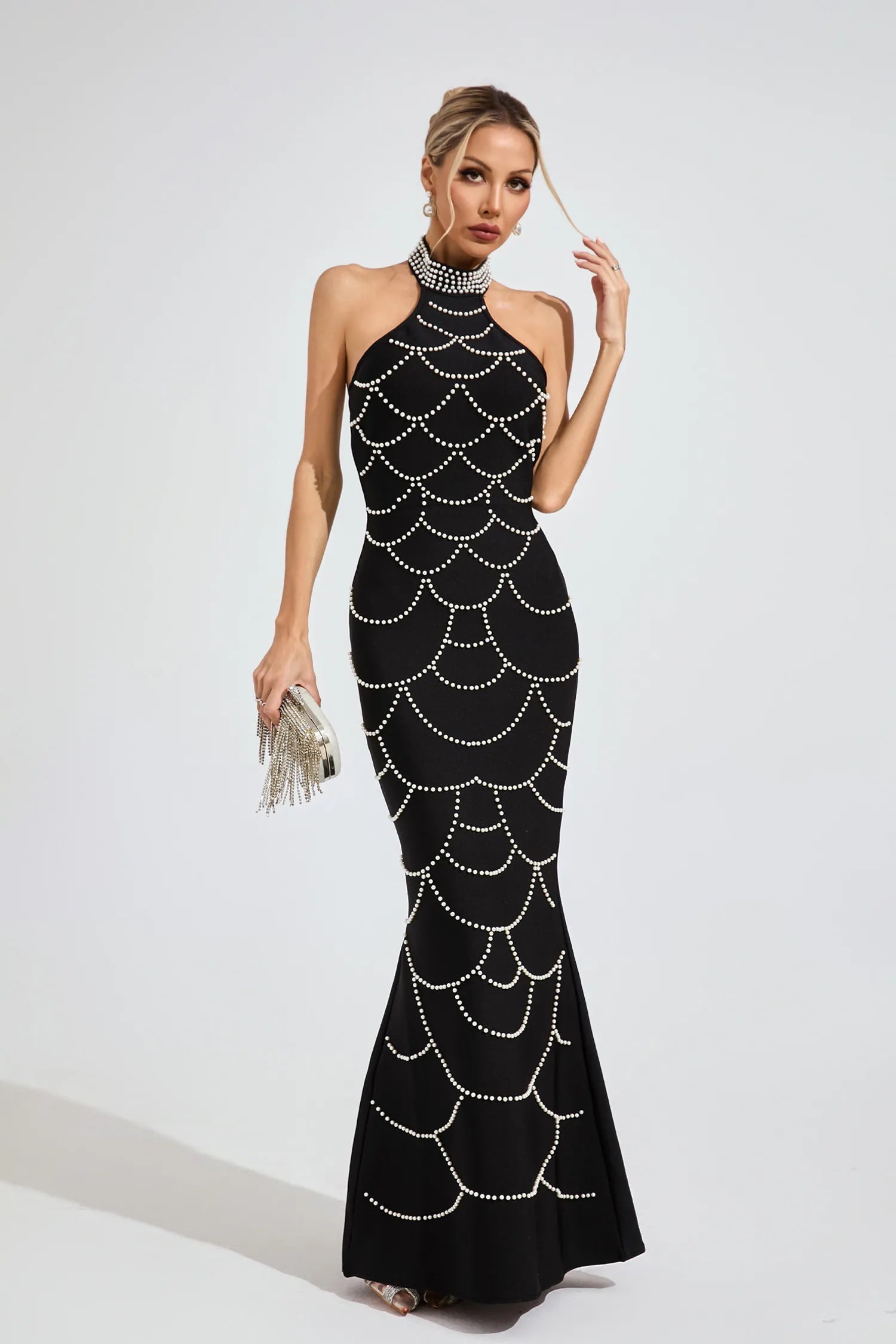 Imogen Black Pearl Halter Bandage Maxi Dress