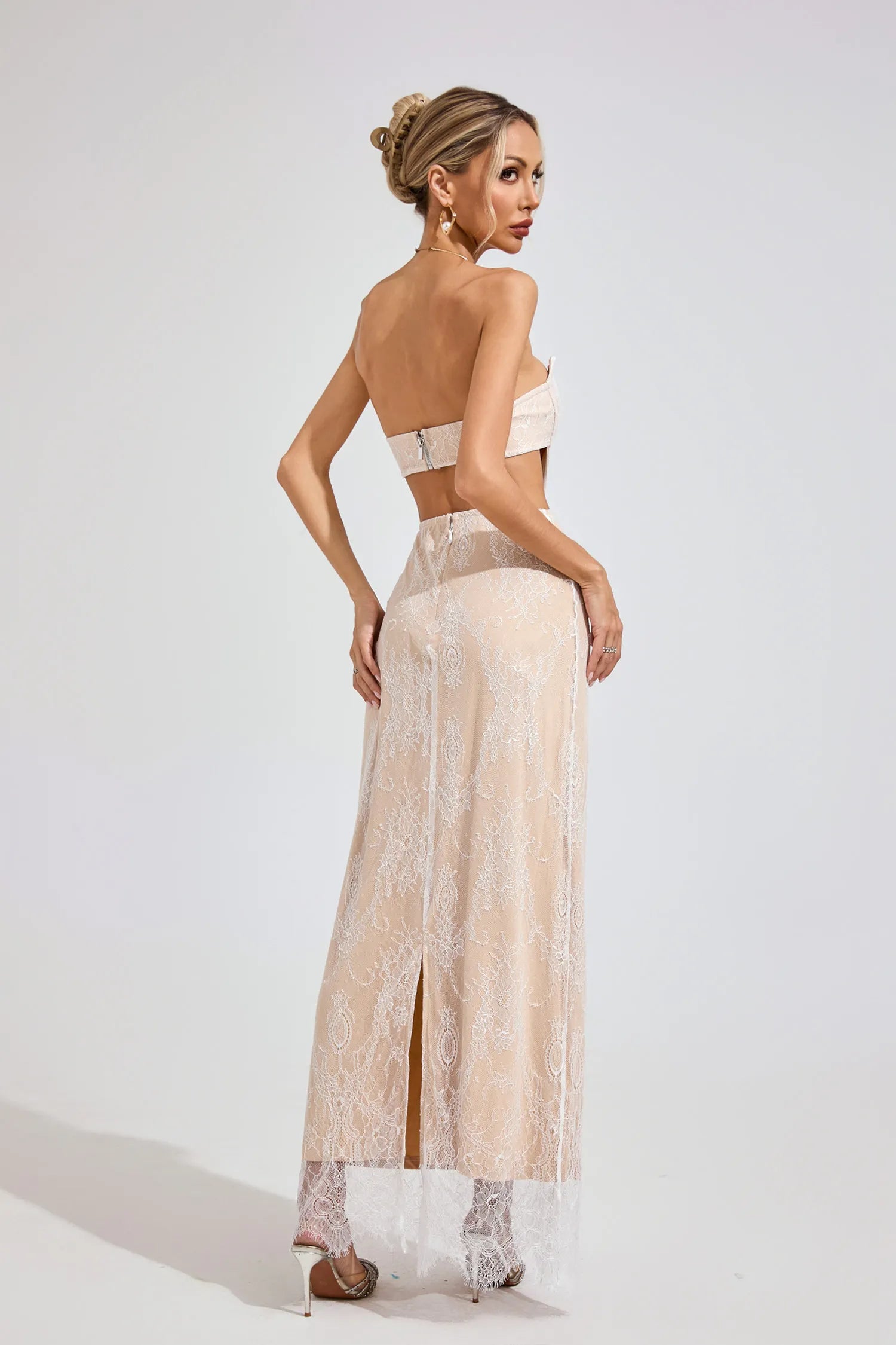 Ayodele Beige Lace Off-Shoulder Maxi Dress