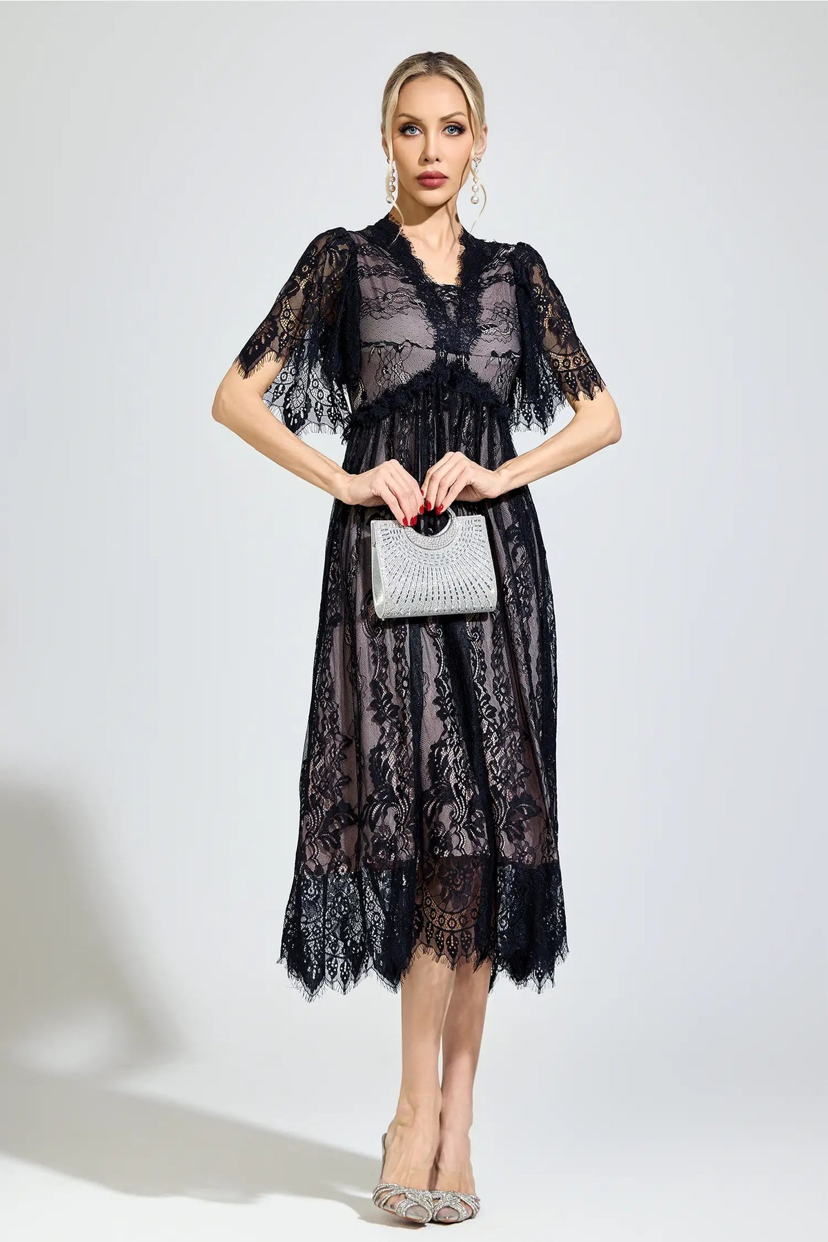 Genevra Black Lace V-Neck Midi Dress