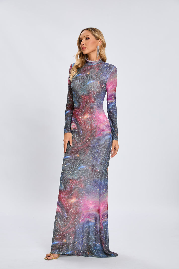 Vesper Galaxy long sleeves rhinestone maxi dress in blue