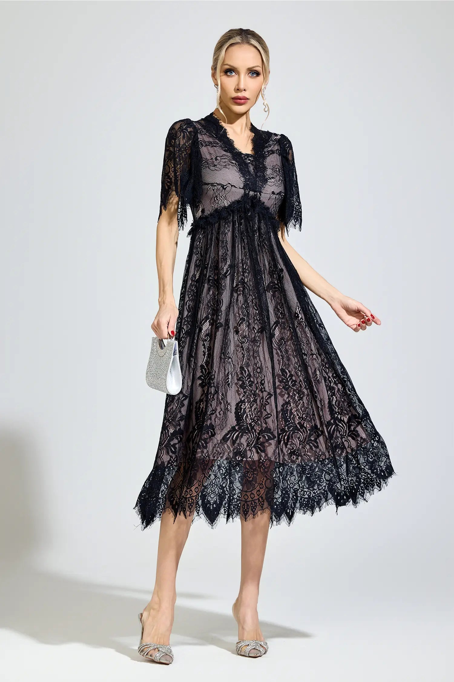 Genevra Black Lace V-Neck Midi Dress