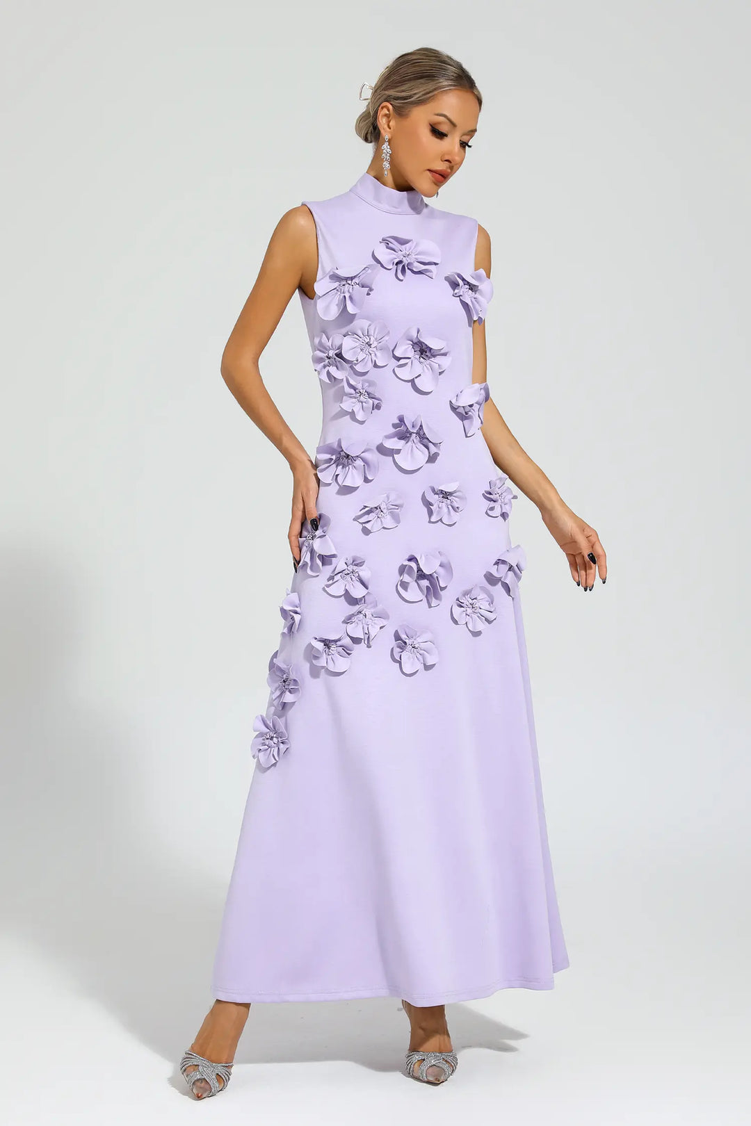 Onions Purple Rose Flower Maxi Dress