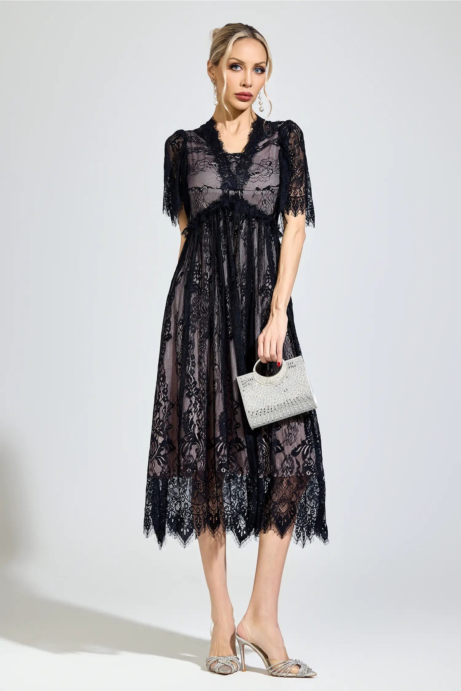 Genevra Black Lace V-Neck Midi Dress