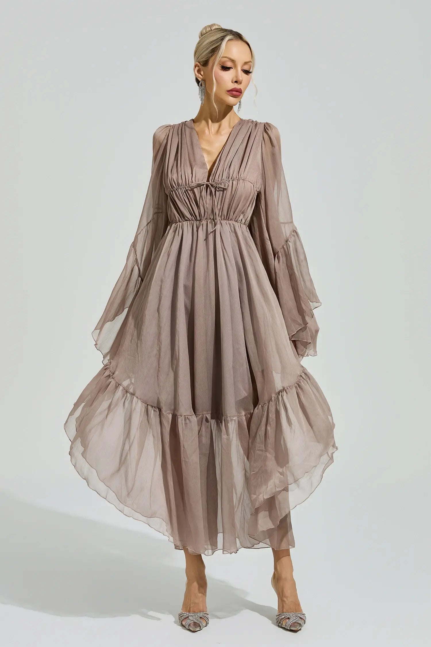Natalia Brown Ruffle Maxi Dress