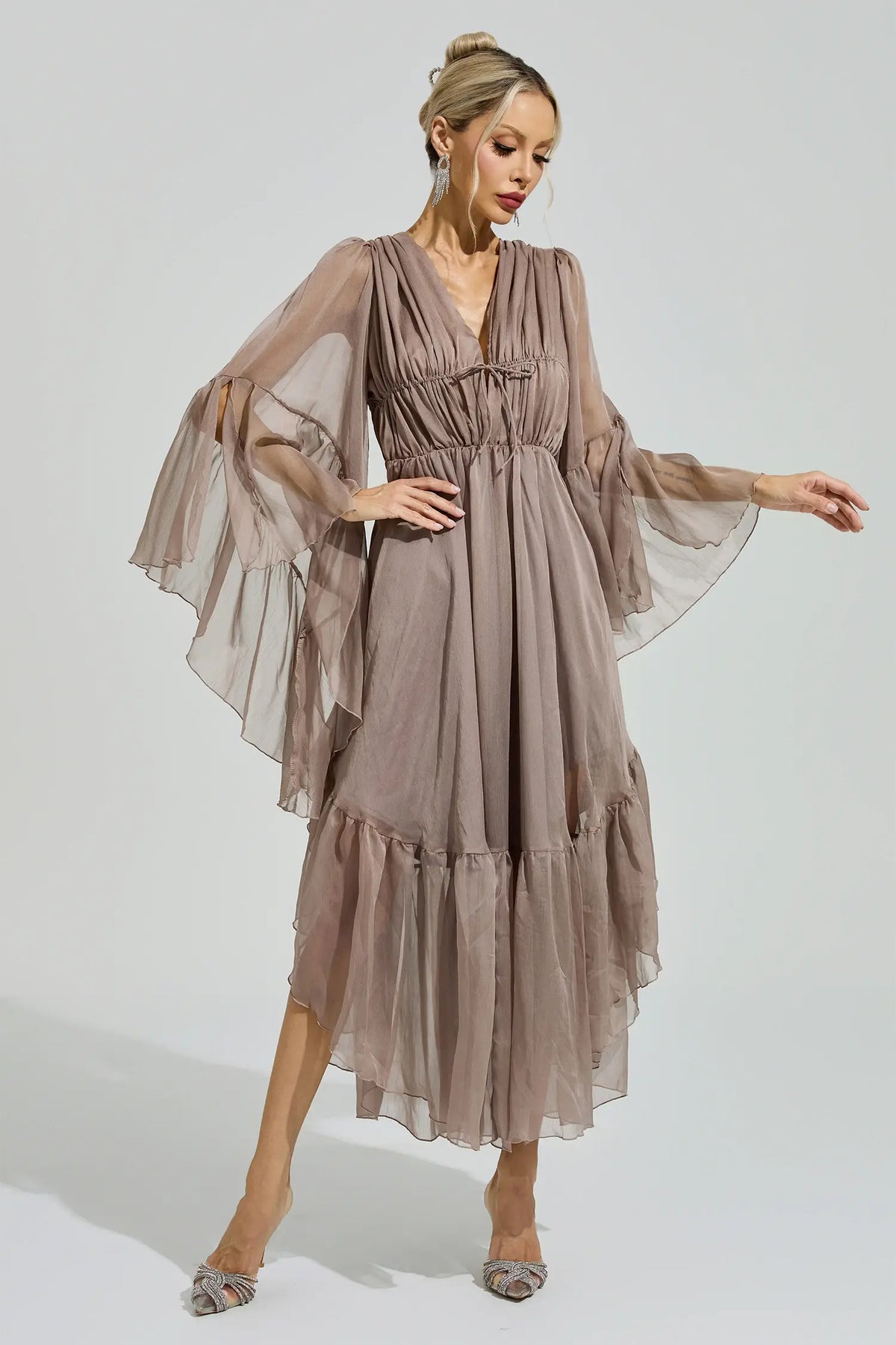 Natalia Brown Ruffle Maxi Dress