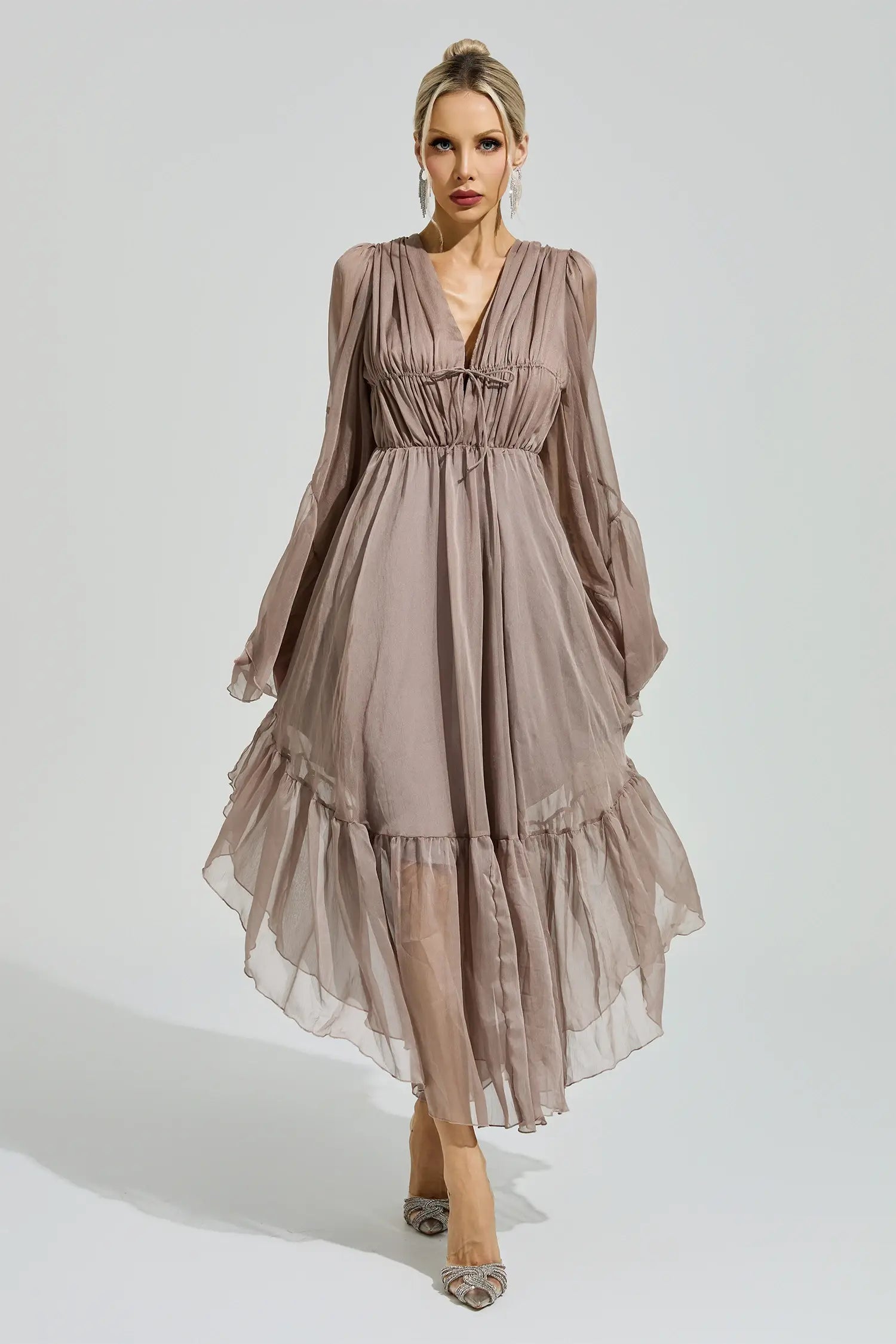 Natalia Brown Ruffle Maxi Dress