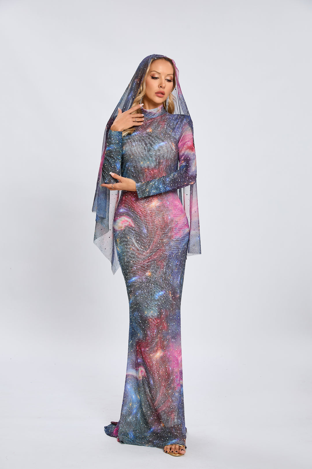 Vesper Galaxy long sleeves rhinestone maxi dress in blue