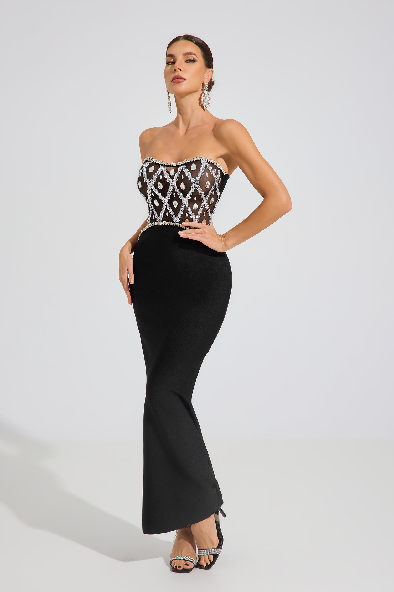 Elune Crystal Noir Strapless Maxi Dress