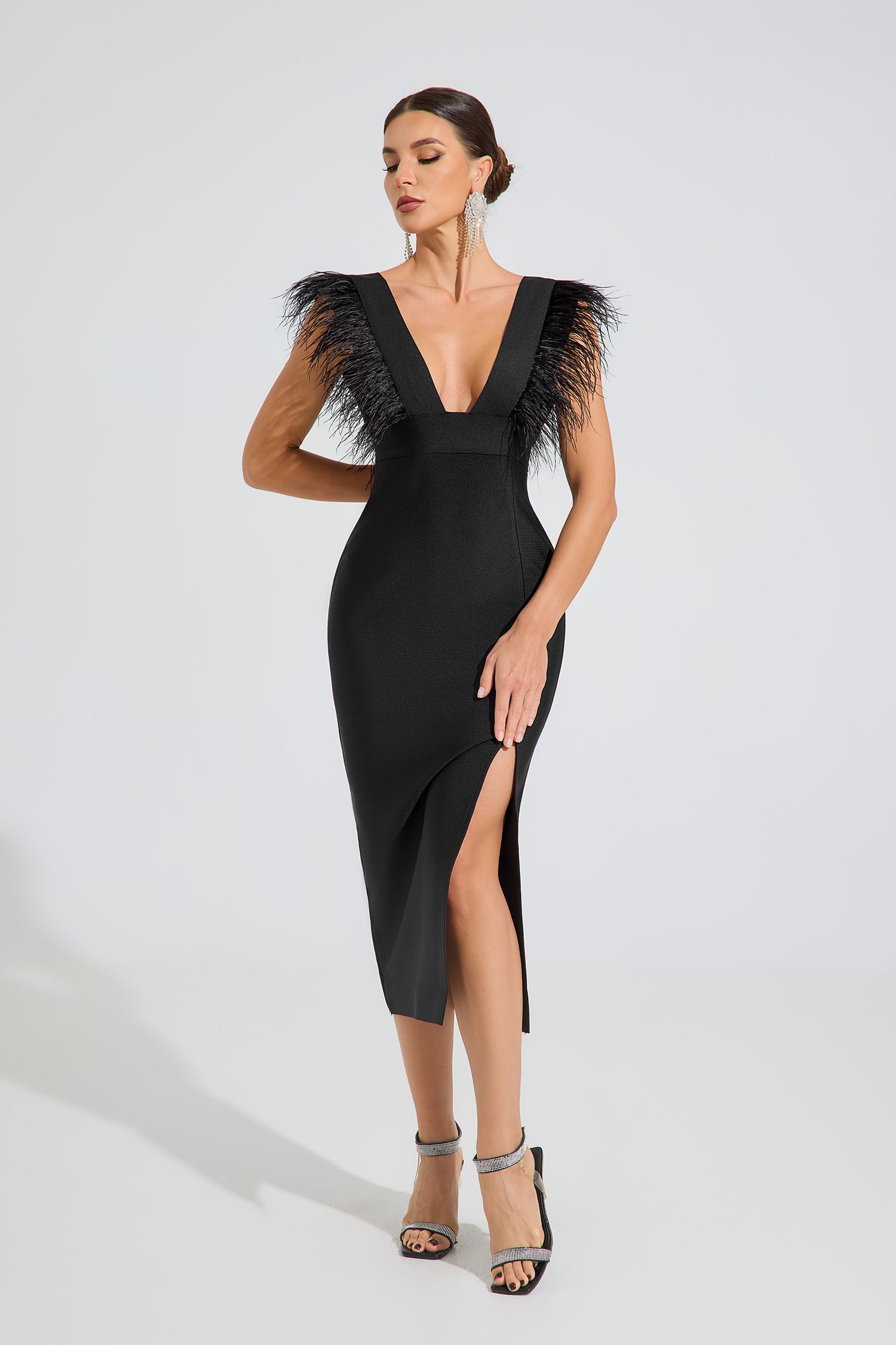 Gruia Noir Feather Grace Midi Dress