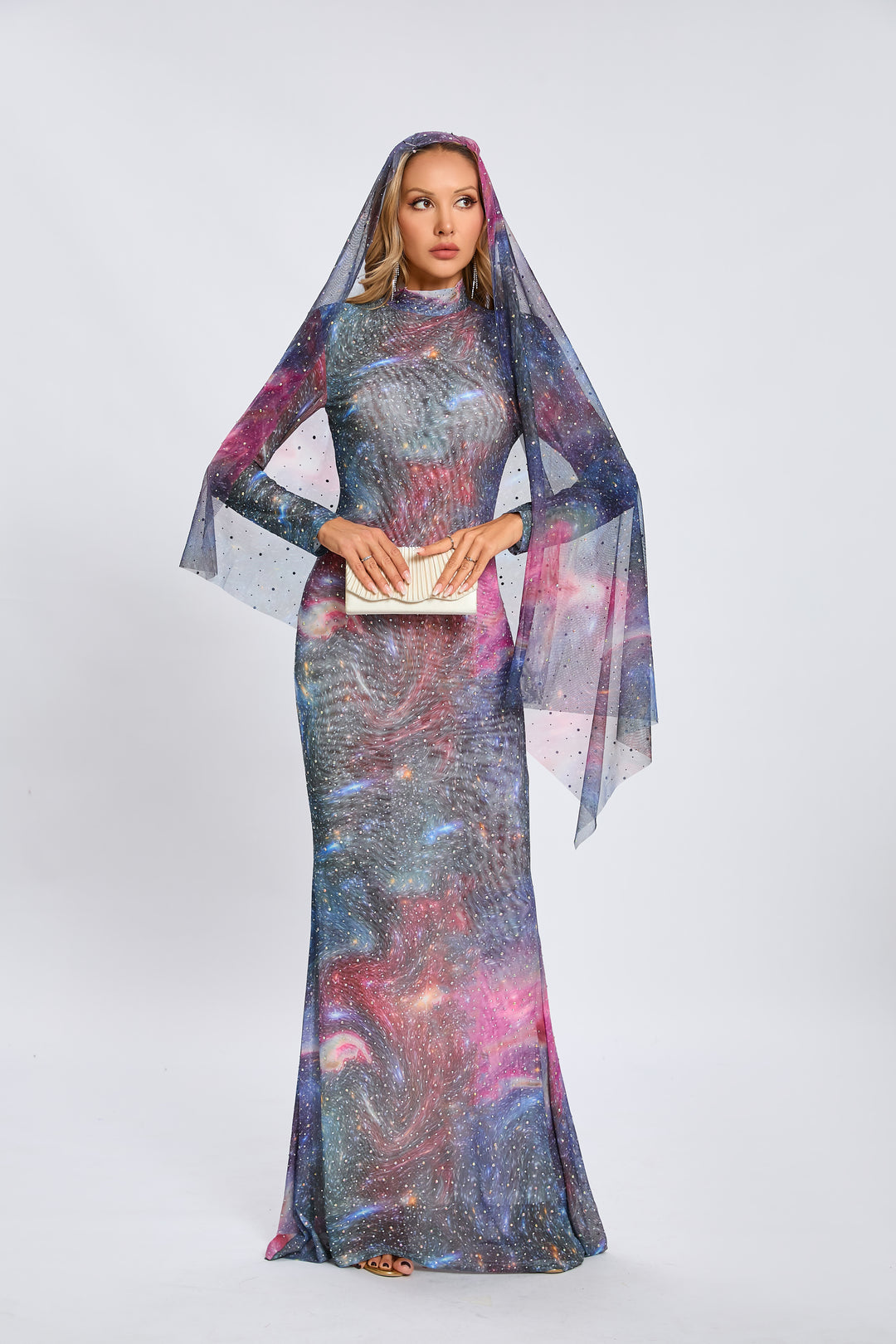 Vesper Galaxy long sleeves rhinestone maxi dress in blue