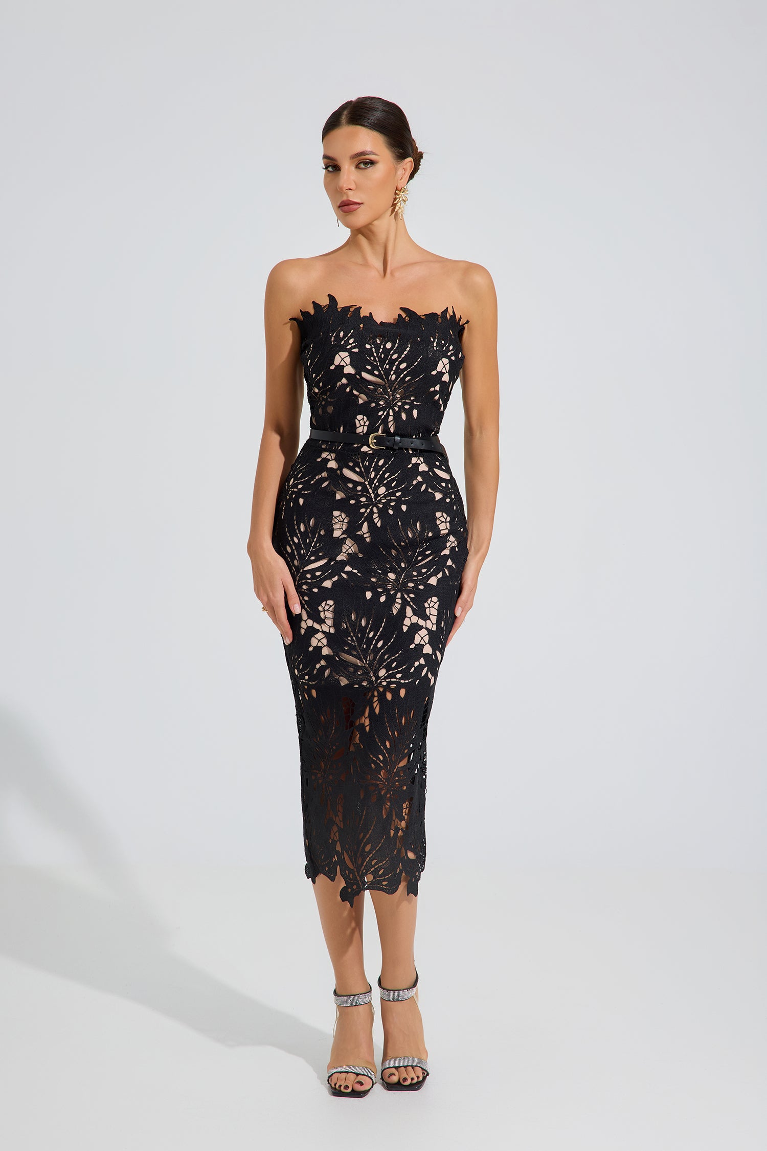 Jazlyn Black Floral Lace Midi Dress