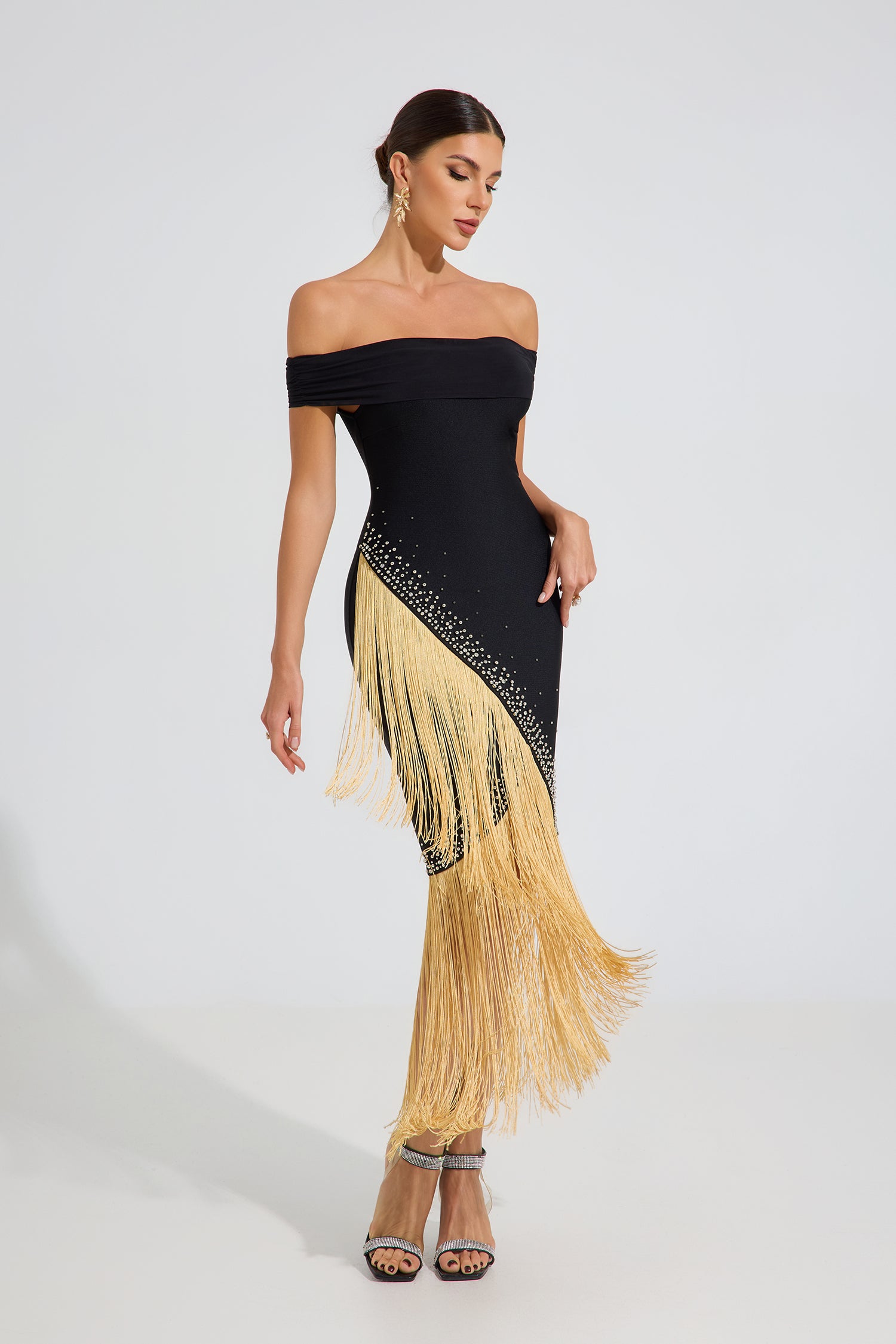 Vanthe Gold Fringe Elegance Midi Dress