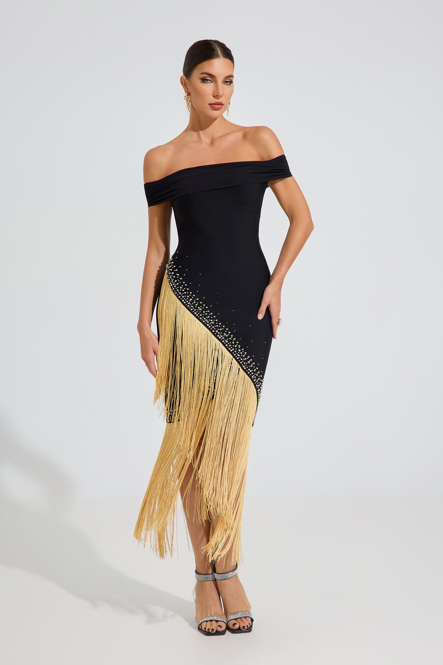 Vanthe Gold Fringe Elegance Midi Dress