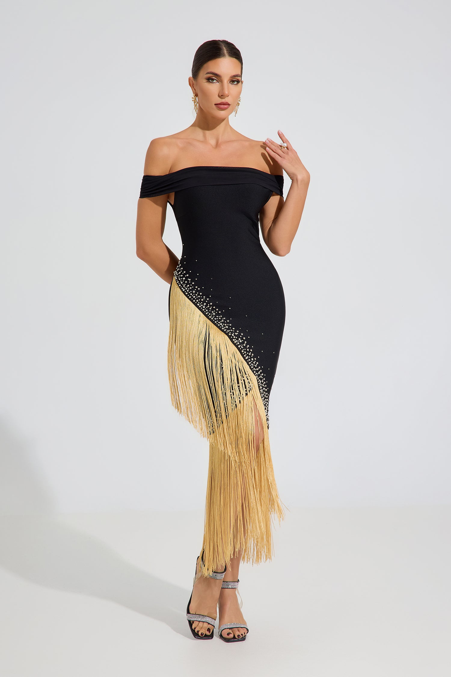 Vanthe Gold Fringe Elegance Midi Dress
