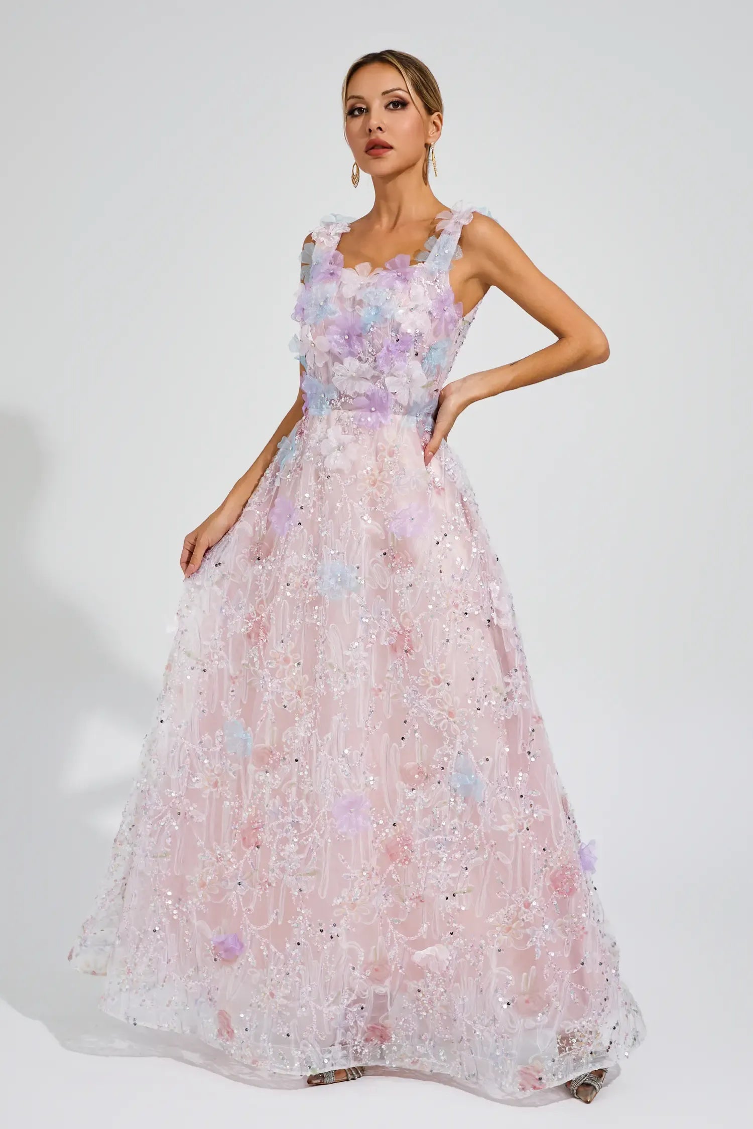Adolph Pink Flower Sequin Maxi Dress