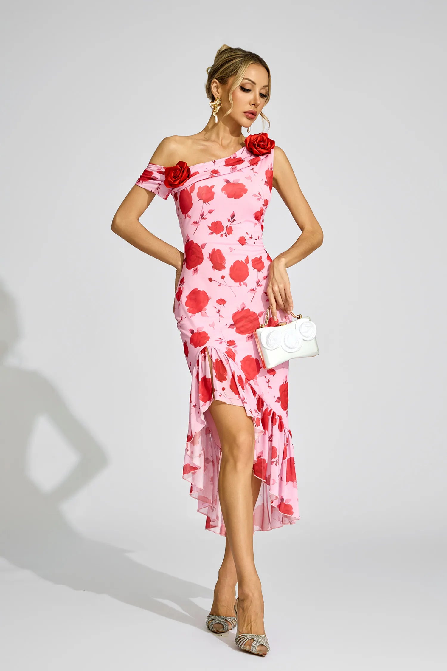 Svetlana Pink Rose One -Shoulder Midi Dress