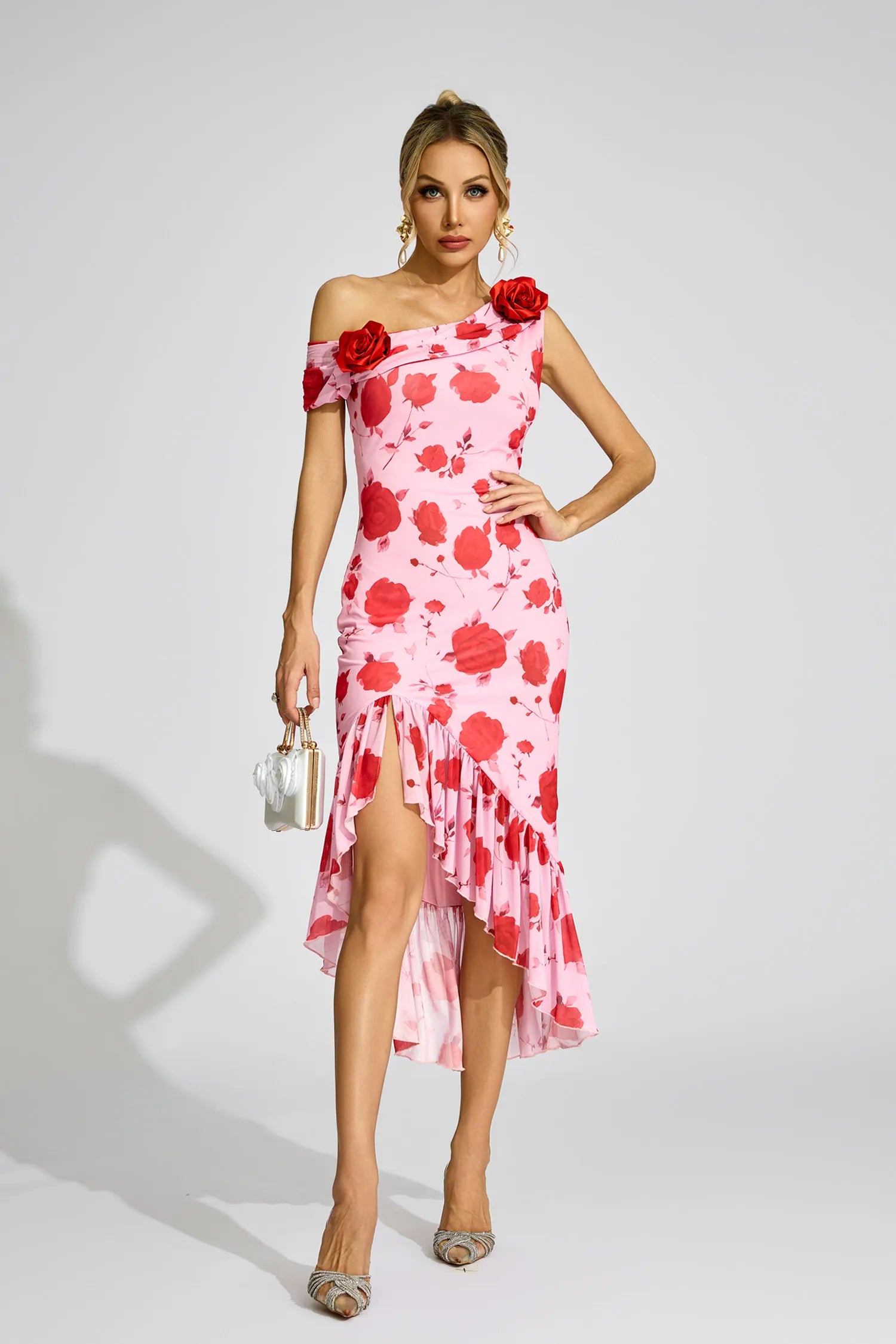 Svetlana Pink Rose One -Shoulder Midi Dress