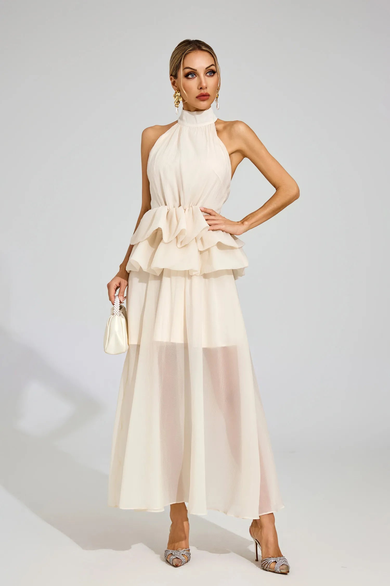 Leslie Apricot Halter Ruffle Maxi Dress