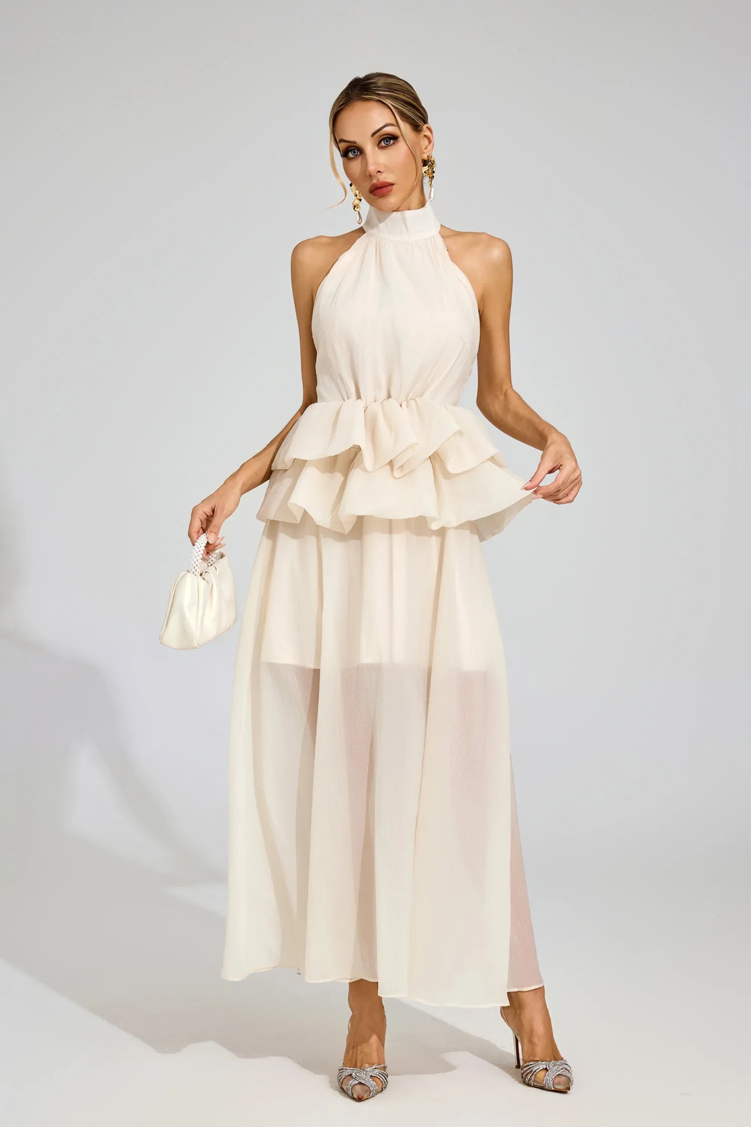 Leslie Apricot Halter Ruffle Maxi Dress