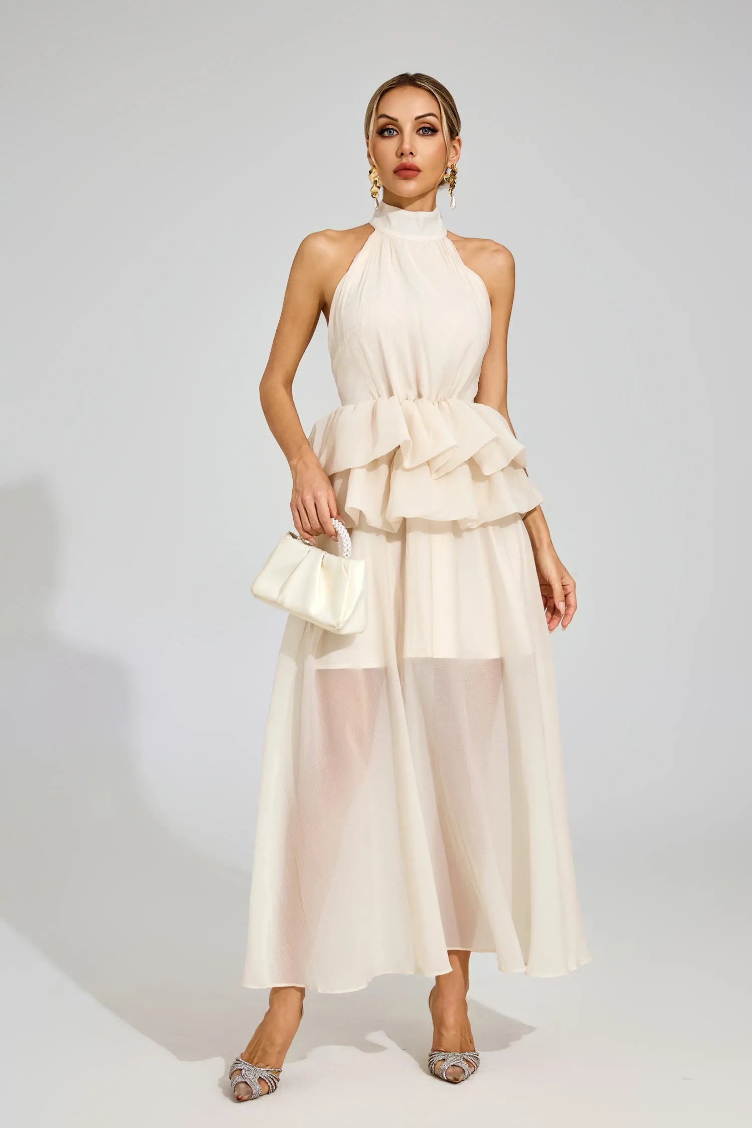 Leslie Apricot Halter Ruffle Maxi Dress