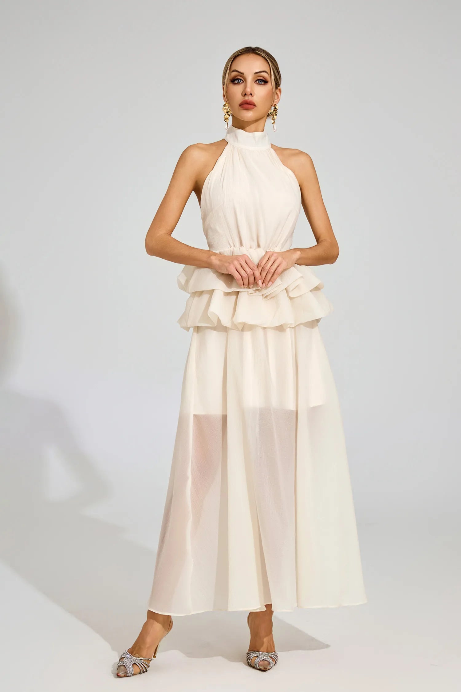 Leslie Apricot Halter Ruffle Maxi Dress