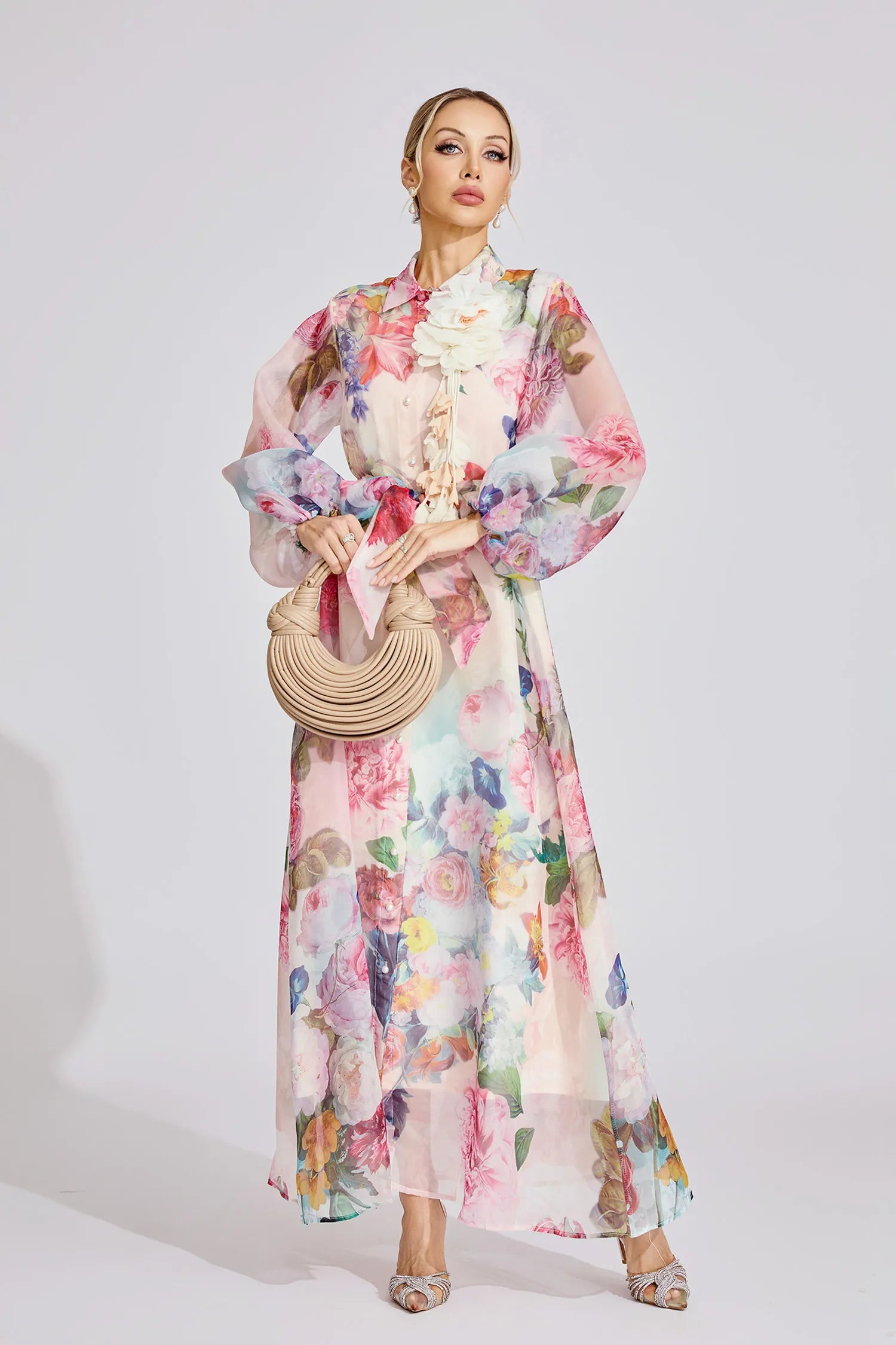 Farah Pink French 3D Floral Maxi Dress